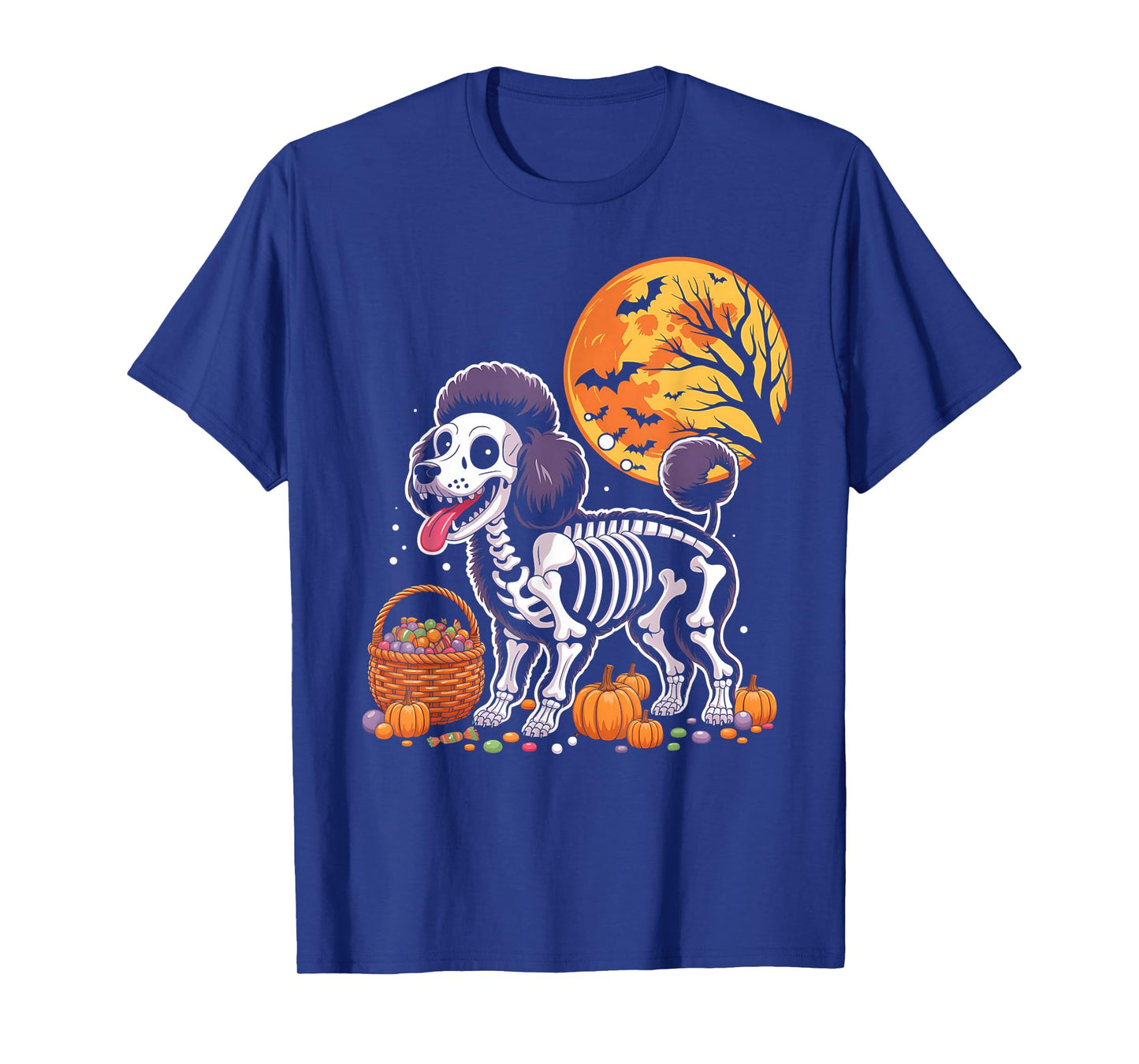 Miniature Poodle Dog Skeleton Scary Pumpkin Moon Halloween T-Shirt