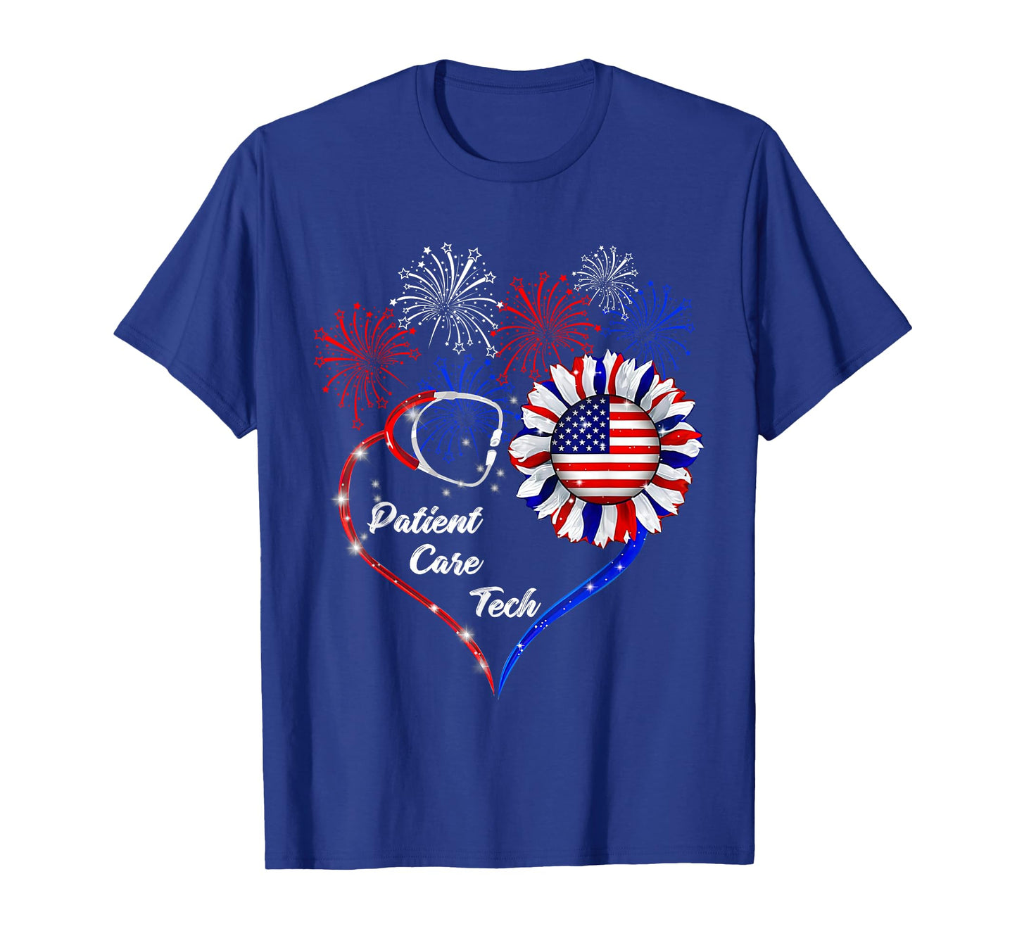 American Flag July 4th Firework Sunflower Patient Care Tech T-Shirt