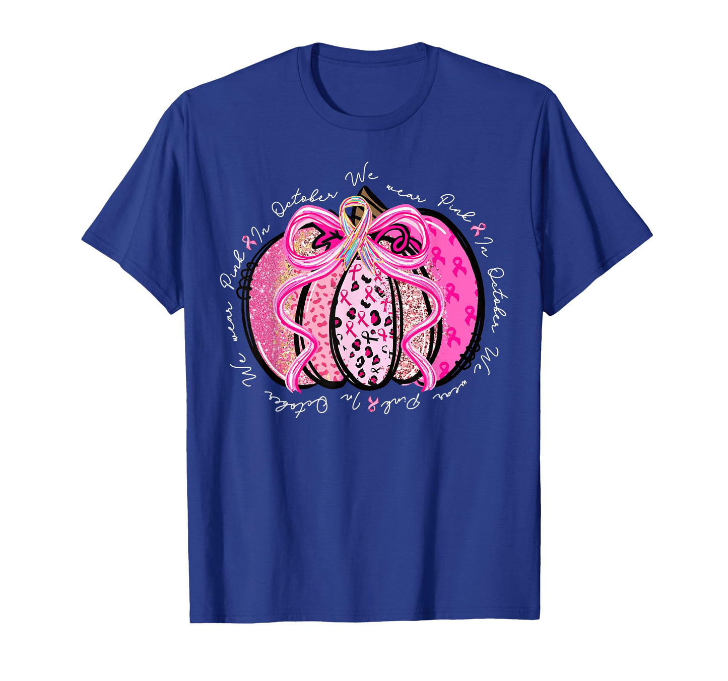 in October We Wear Pink Bow Pumpkin Breast Cancer Awareness T-Shirt