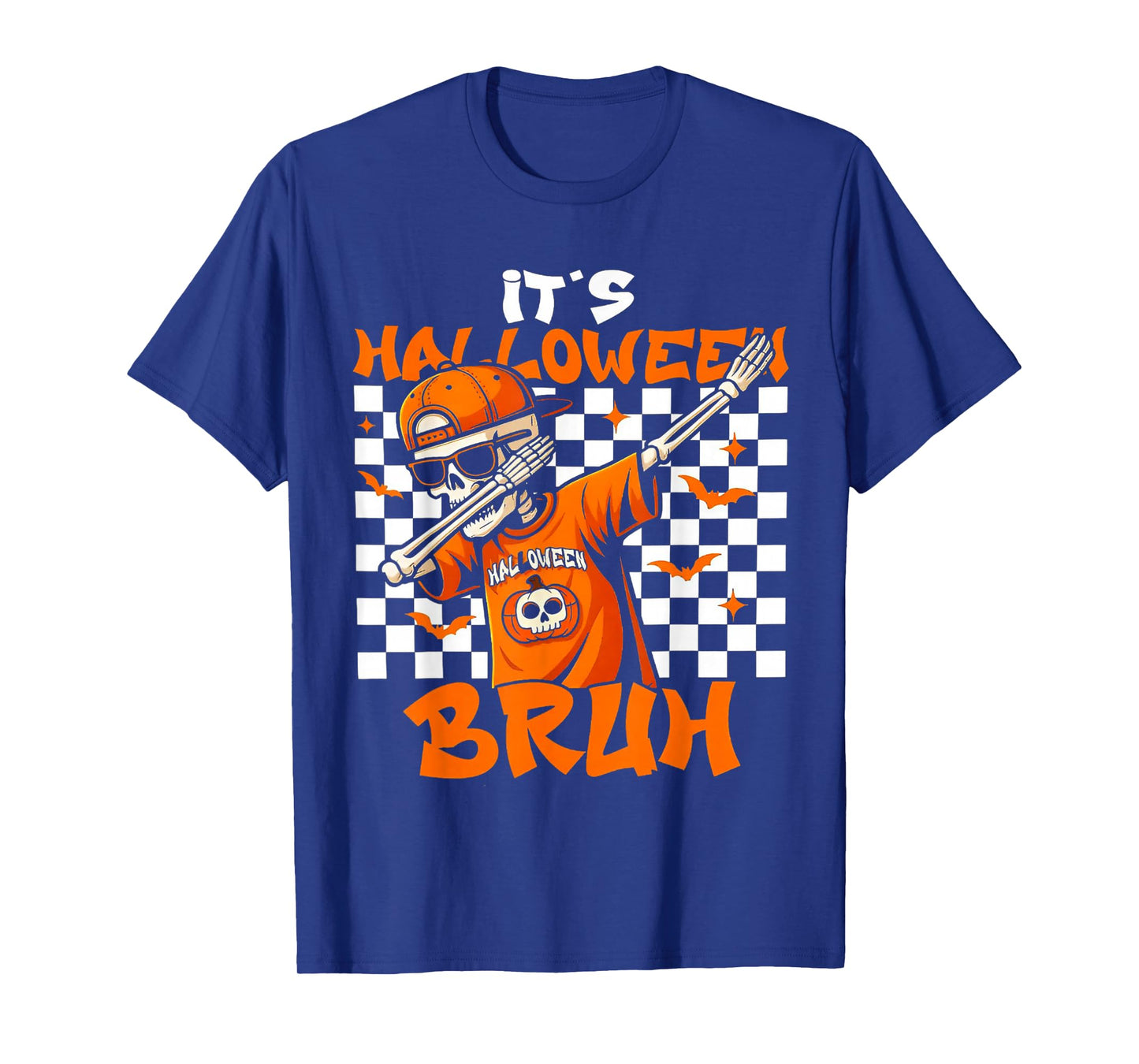 Retro Checkered It's Halloween Bruh Dabbing Skeleton Spooky T-Shirt