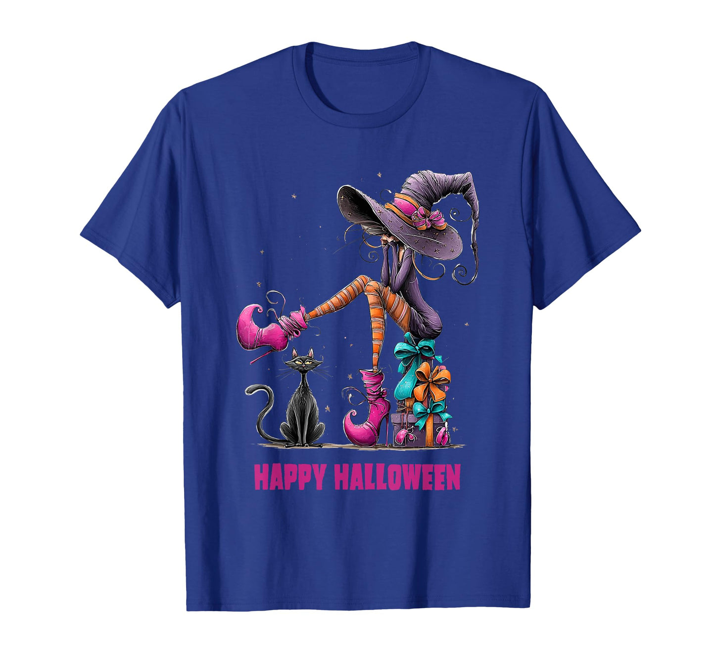 Spooky Witch High Heels with Black Cat Halloween Pumpkin T-Shirt