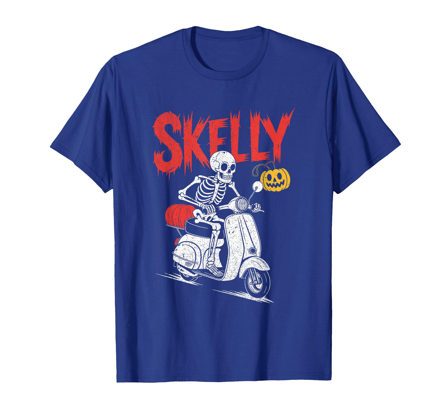 Skeleton Riding Scooter with Pumpkin Lantern Funny Halloween T-Shirt