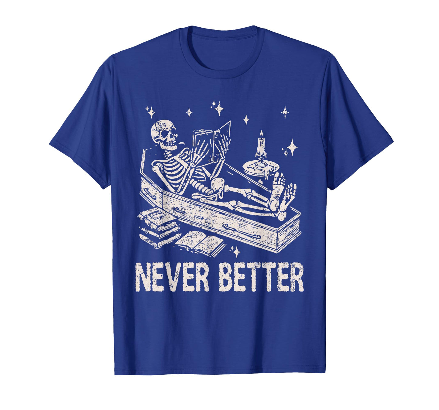 Funny Skeleton Reading Book In Coffin Never Better Halloween T-Shirt