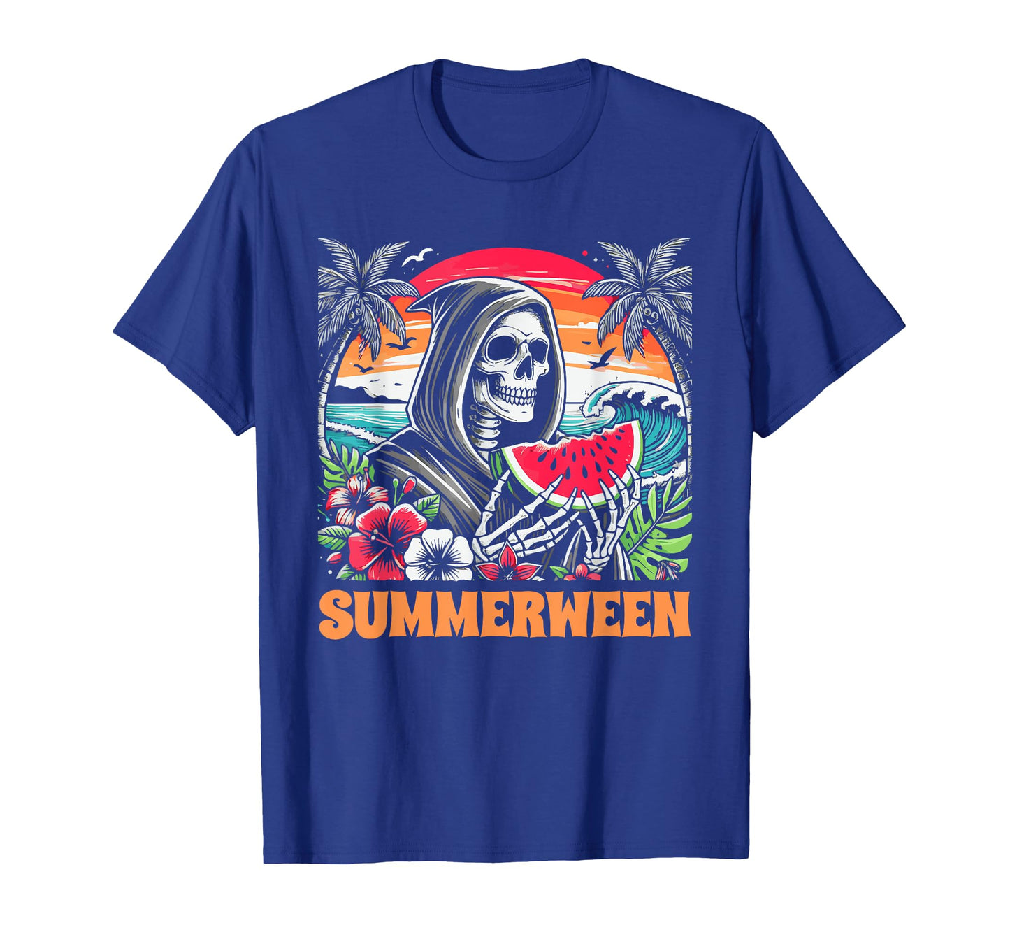 Summerween Skeleton Tropical Beach Scene T-Shirt