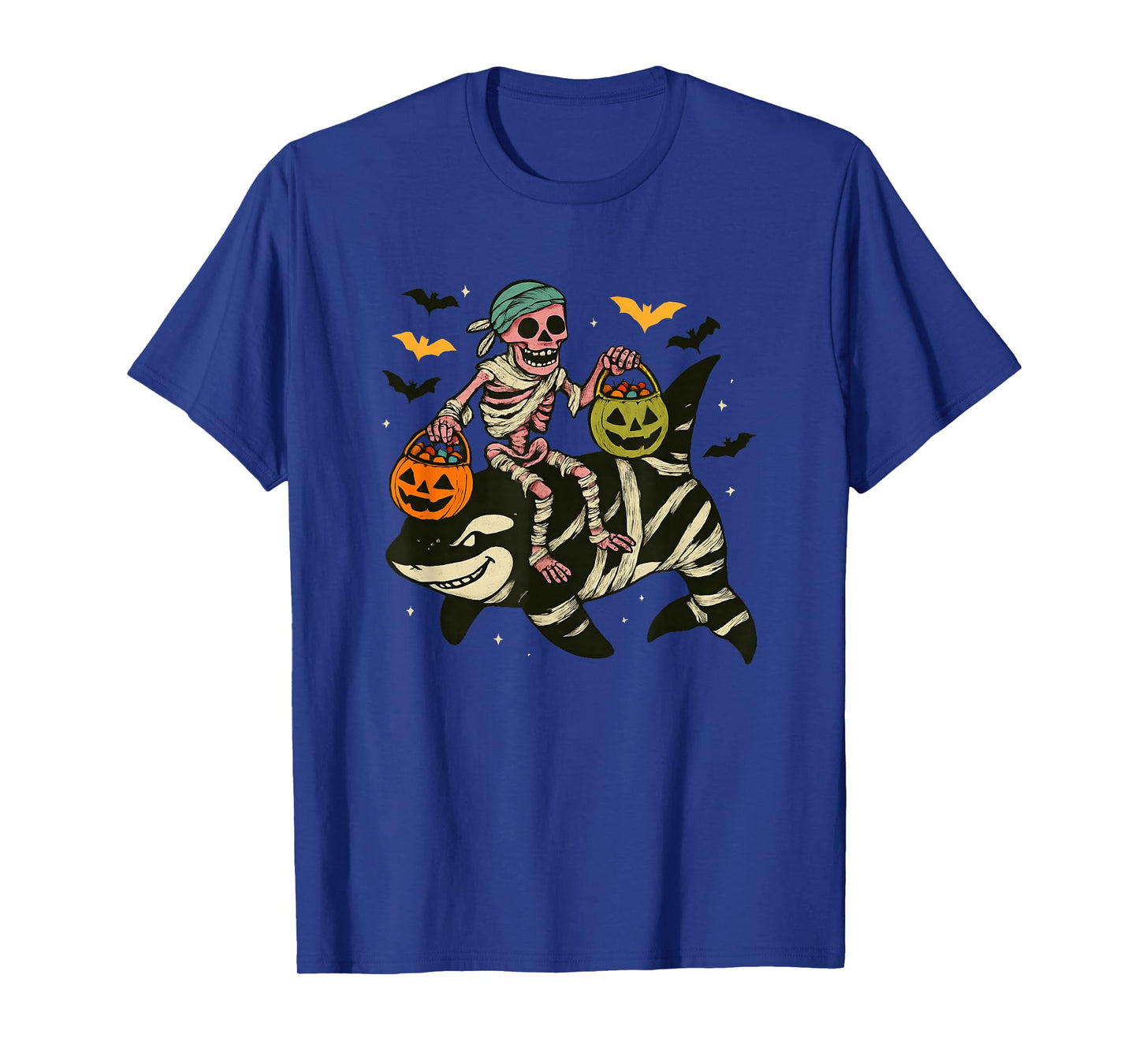 Skeleton Riding Mummy Orca Halloween Candy Whale T-Shirt