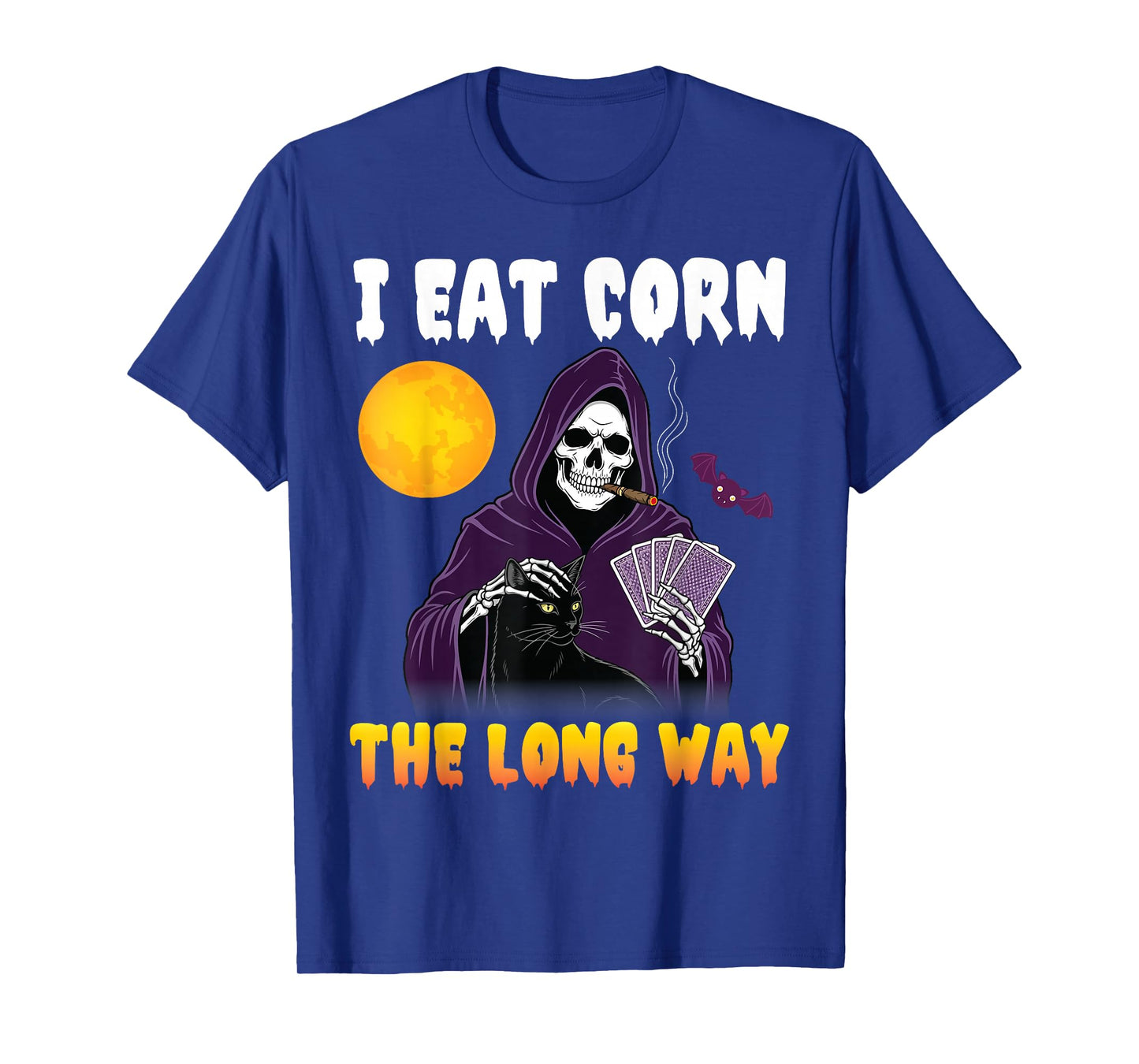 I Eat Corn The Long Way Grim Reaper with Black Cat Funny T-Shirt