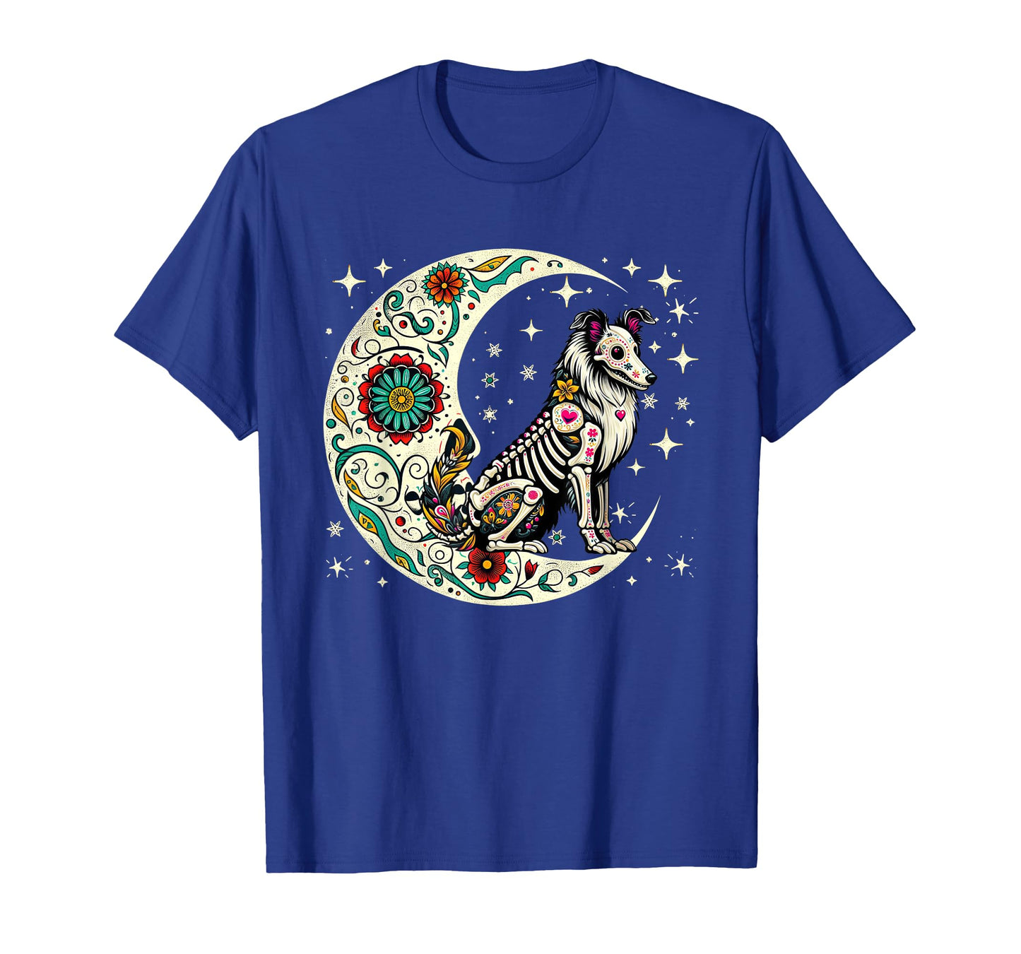 Dia De Los Muertos Halloween Moon Floral Skeleton Sheltie T-Shirt