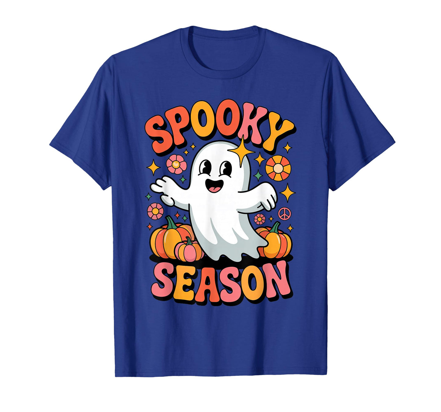 Cute Ghost and Pumpkins Groovy Spooky Season Funny Halloween T-Shirt