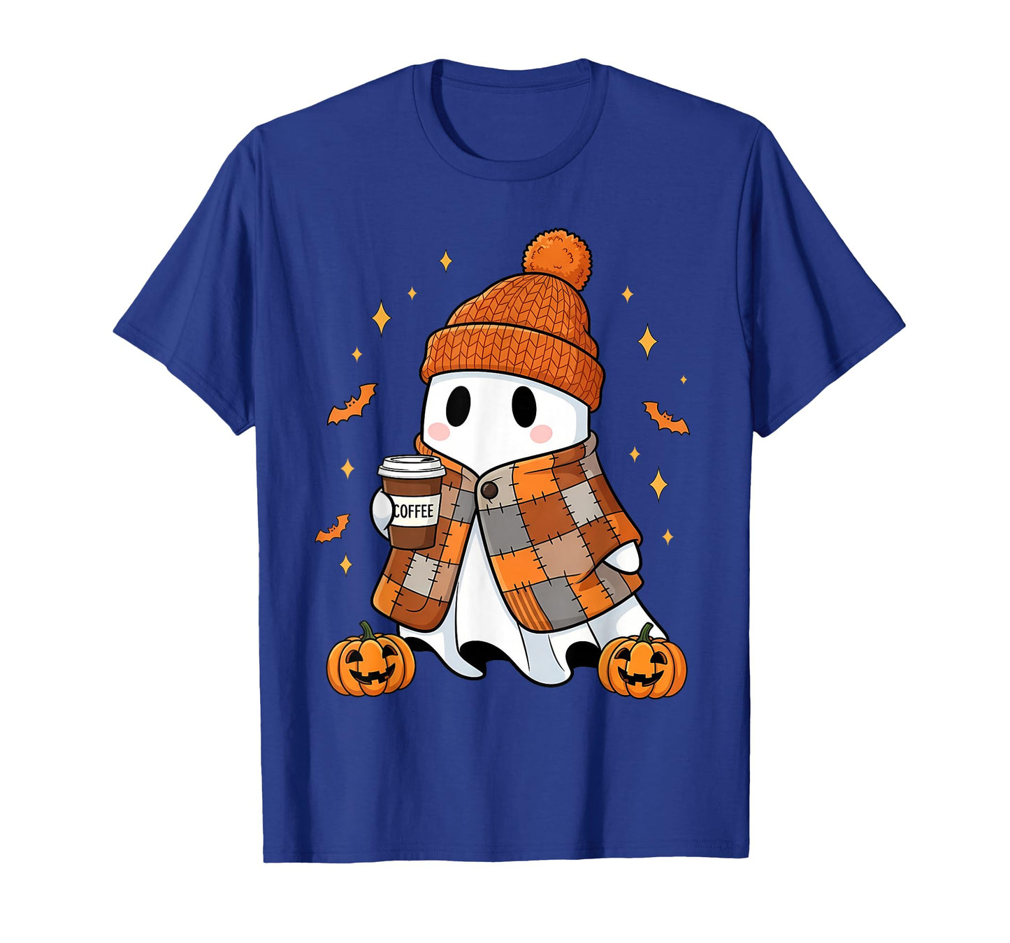 Ghost Drinking Coffee Halloween Patchwork Ghost T-Shirt