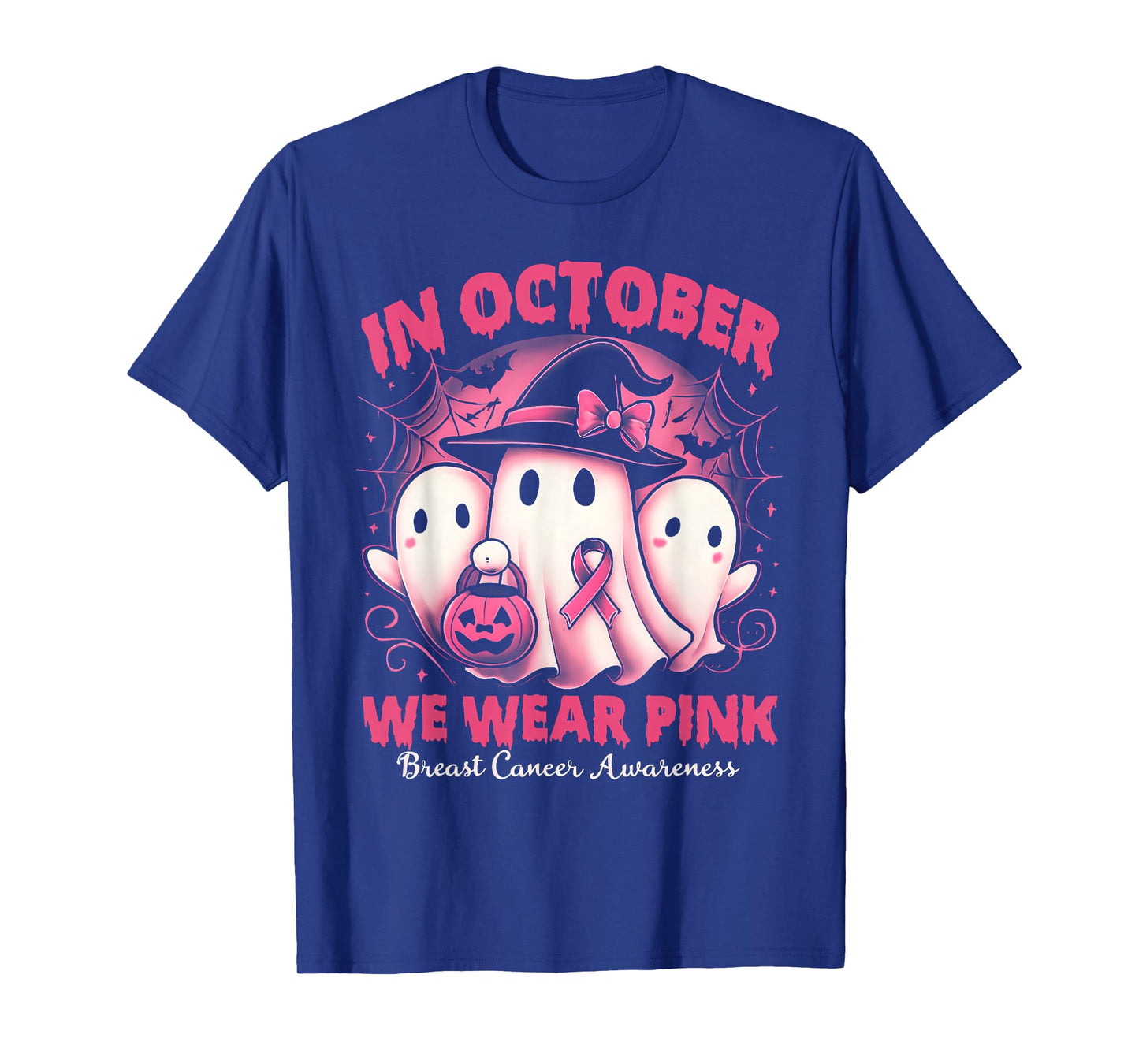 in October We Wear Pink Ghost Halloween Women Breast Cancer T-Shirt