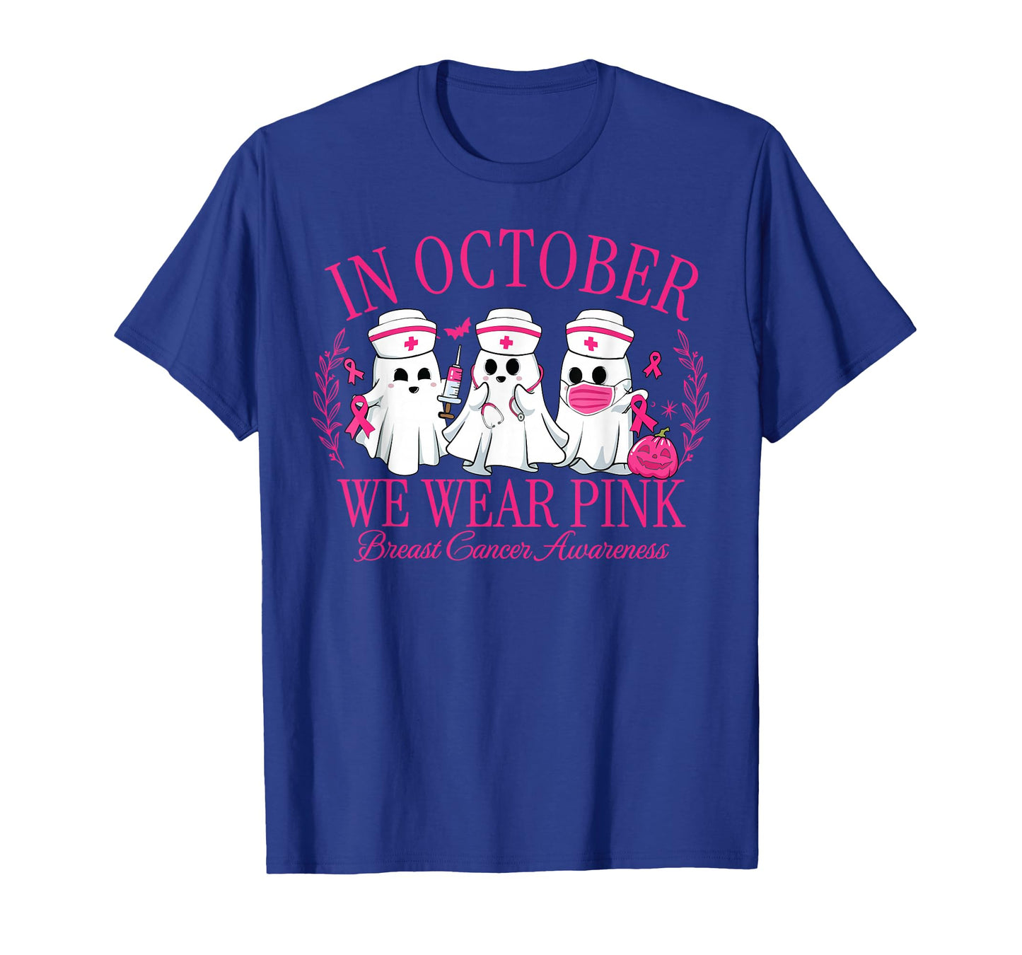 in October We Wear Pink Spooky Nurse Breast Cancer Awareness T-Shirt