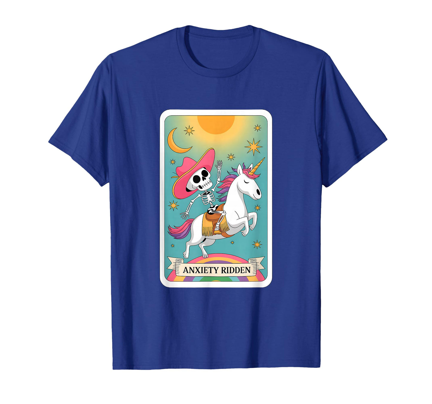 Anxiety Ridden Skeleton Riding Unicorn Tarot T-Shirt