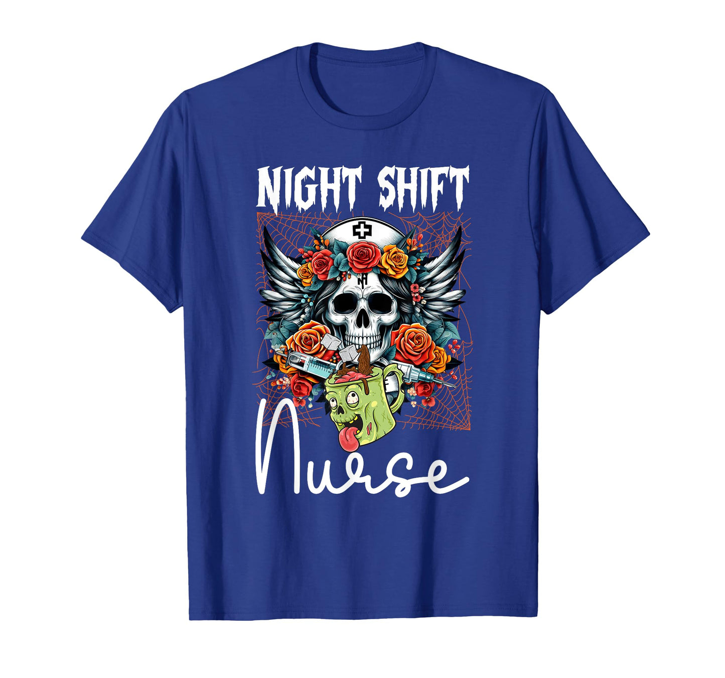 Floral Night Shift Nurse Skeleton Halloween RN Nurses Skull T-Shirt