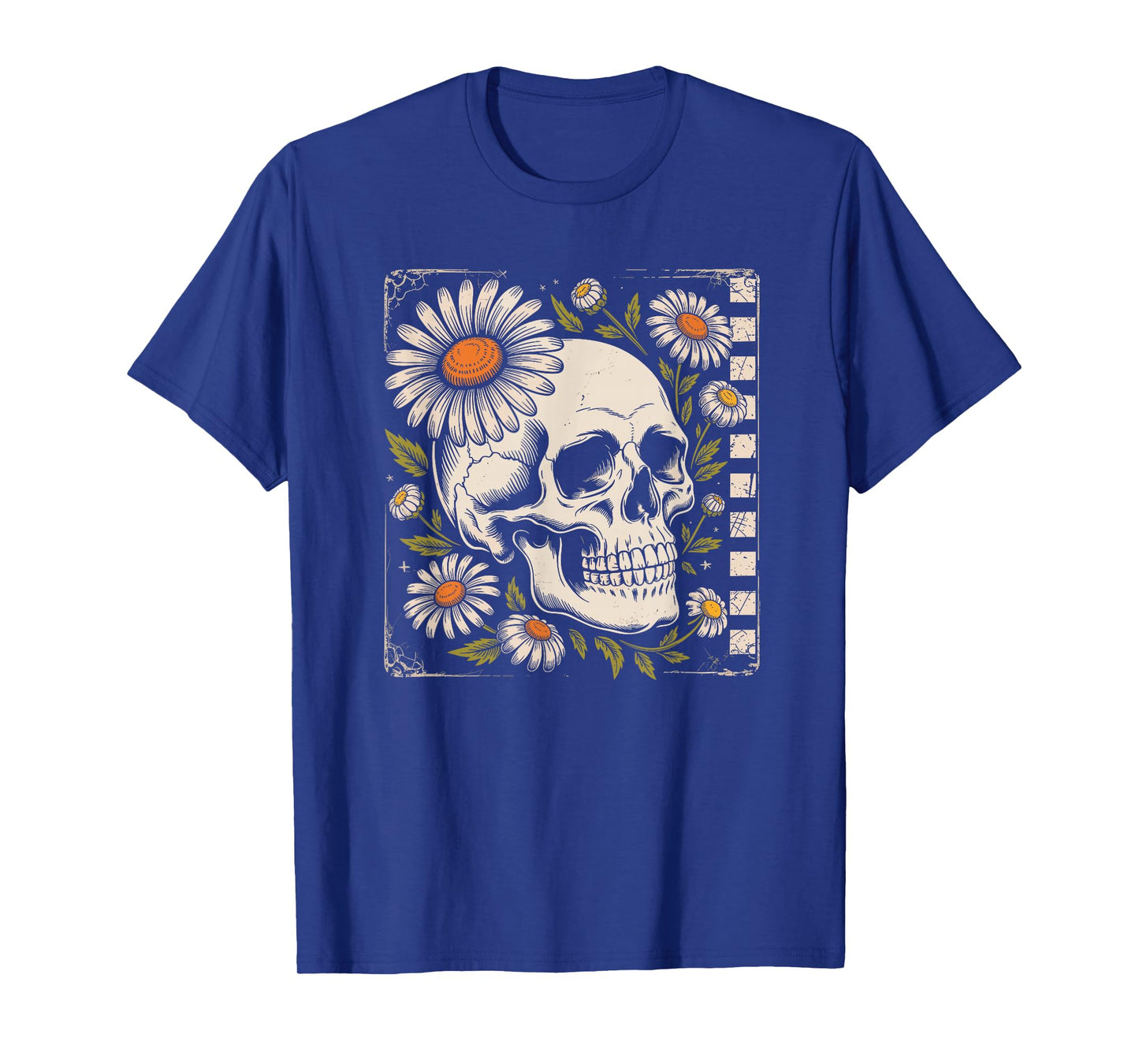 Checkered Floral Grunge Skeleton Spooky Season T-Shirt