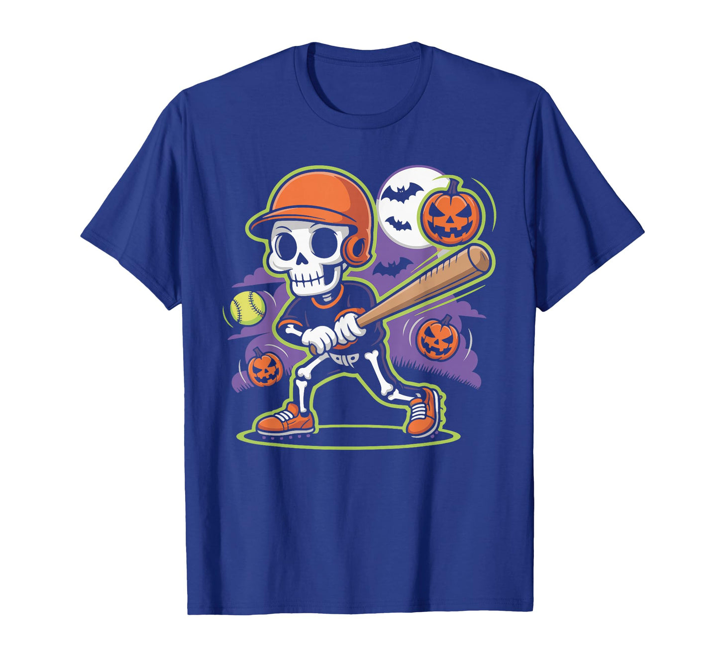 Spooky Season Skeleton Baseball Player Halloween Moon Kids T-Shirt
