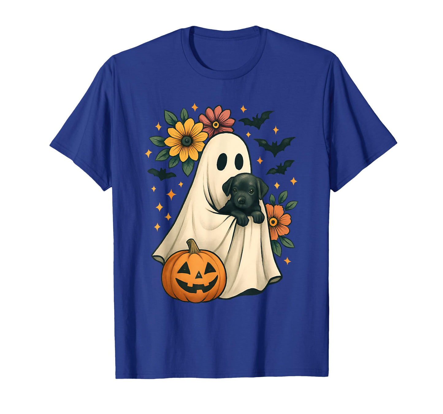 Floral Ghost Black Dog Coquette Funny Halloween Design T-Shirt