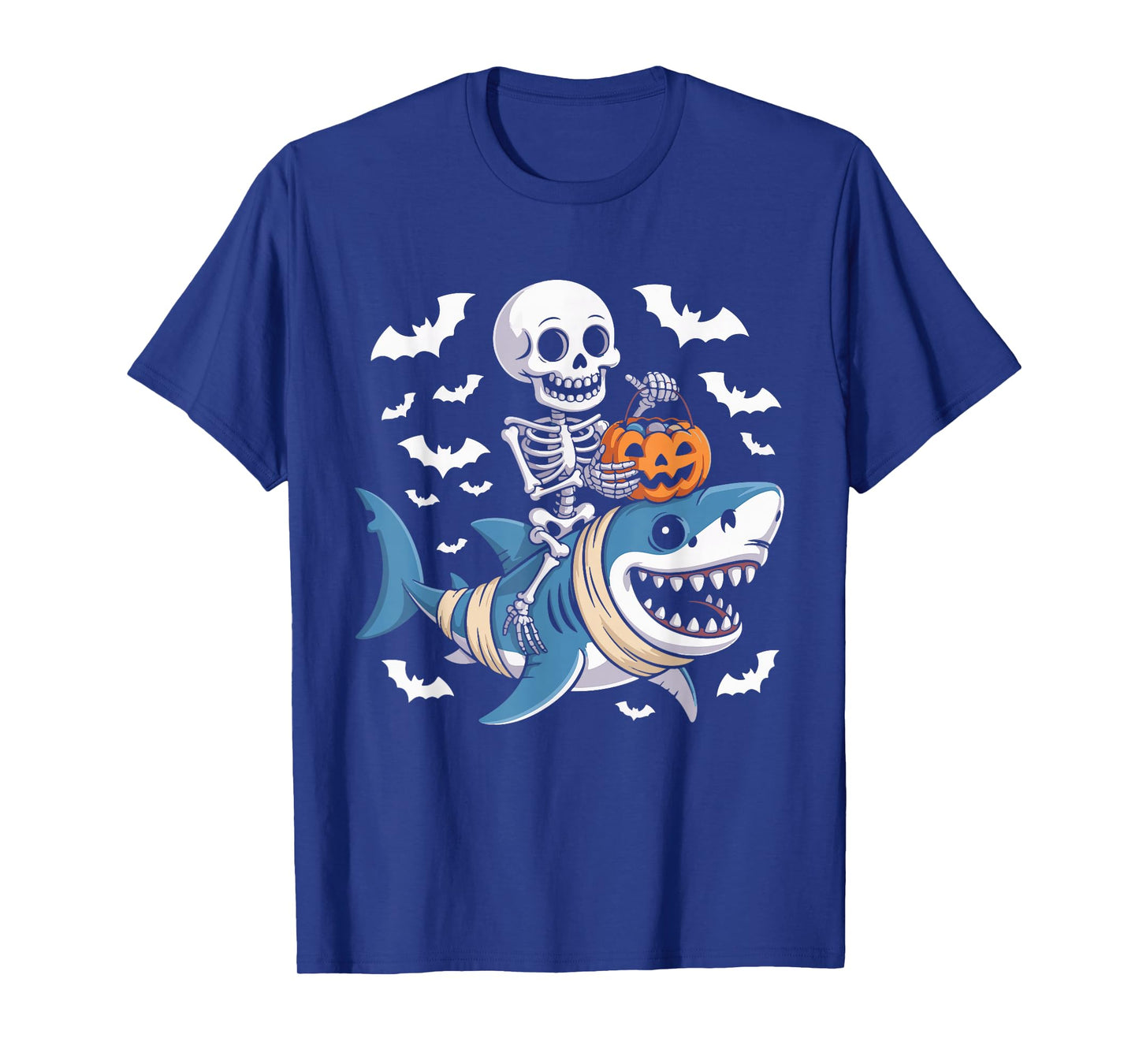Skeleton Riding Mummy Shark Funny Halloween Pumpkin T-Shirt