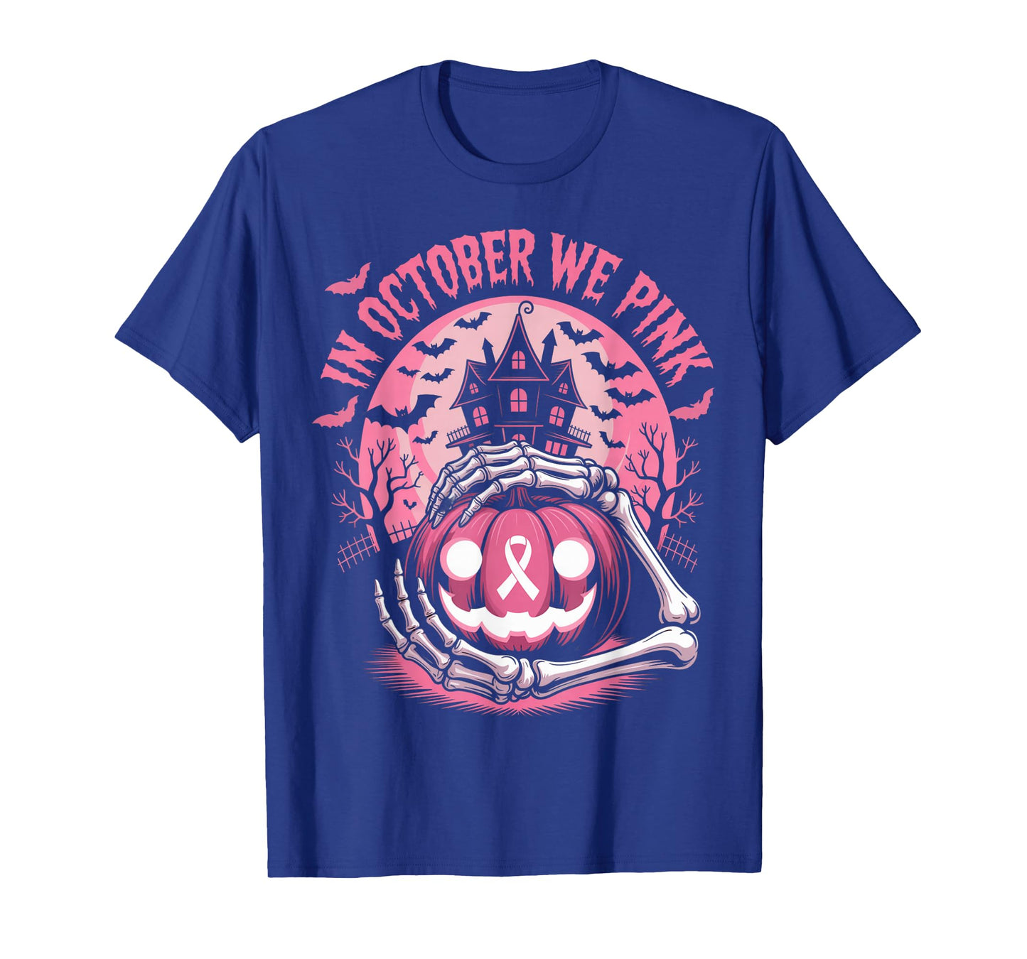 in October We Wear Pink Halloween Pumpkin Skeleton Design T-Shirt