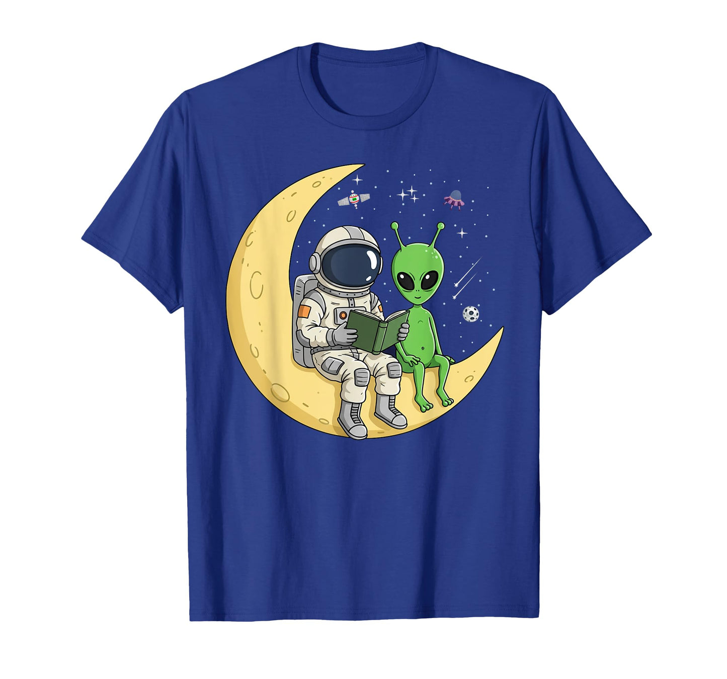 Astronaut Reading Book To Alien Moon Space Women Kids Men T-Shirt