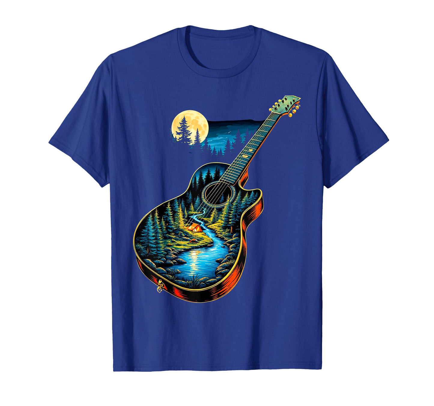 Guitar Lake Reflections Forest Pine Tree Moon Camp Guitarist T-Shirt