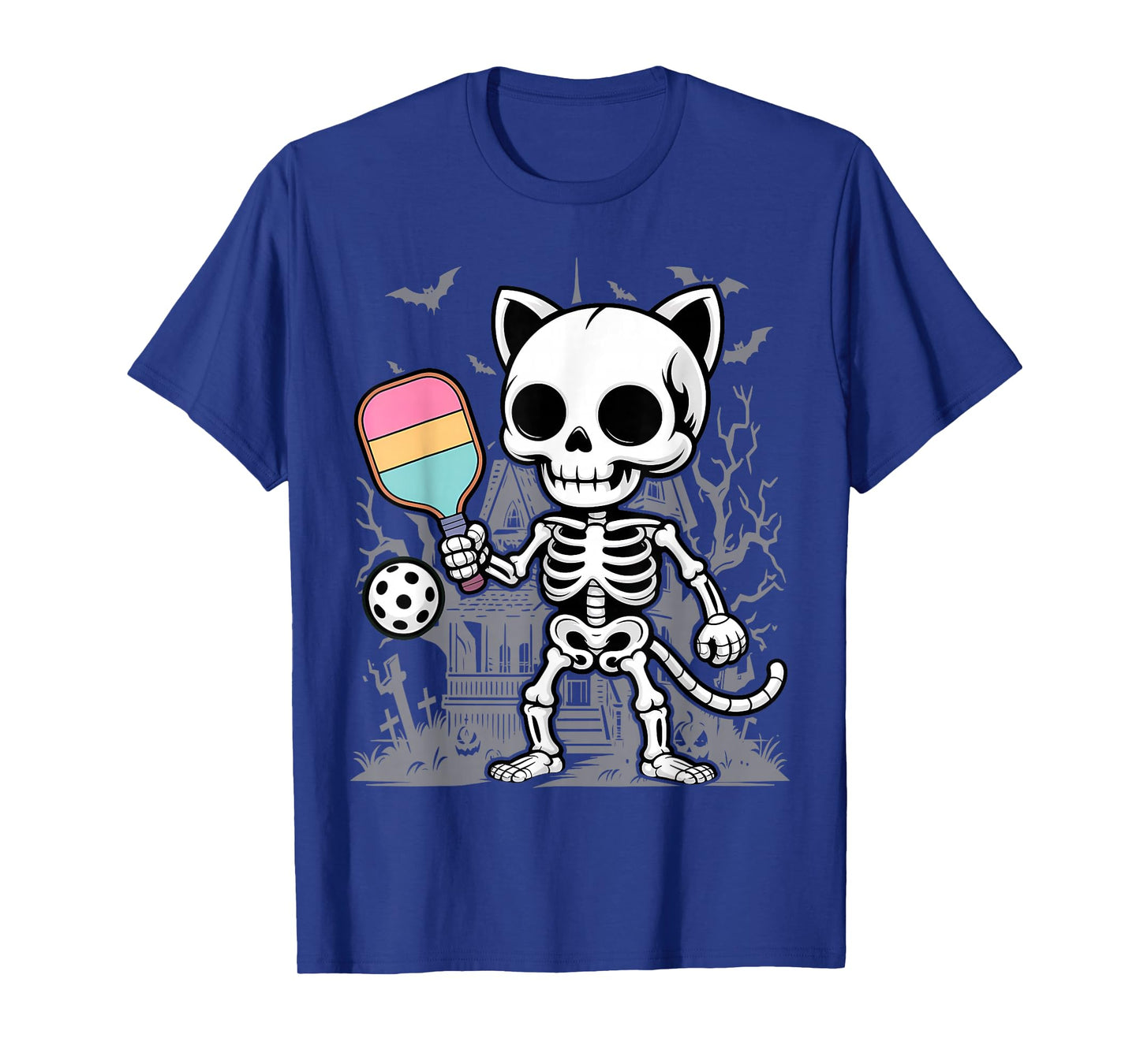 Funny Scary Pickleball Cat Skeleton Playing On Halloween T-Shirt