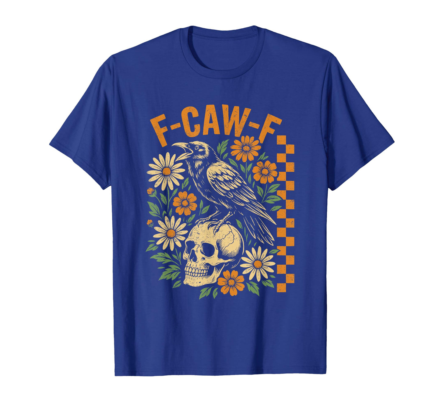 Retro Black Crow F-Caw-F Black Bird Skull Floral Halloween T-Shirt