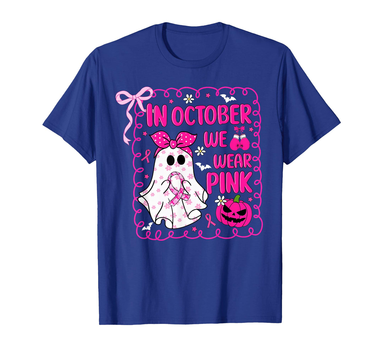in October We Wear Pink Bow Ghost Breast Cancer Awareness T-Shirt
