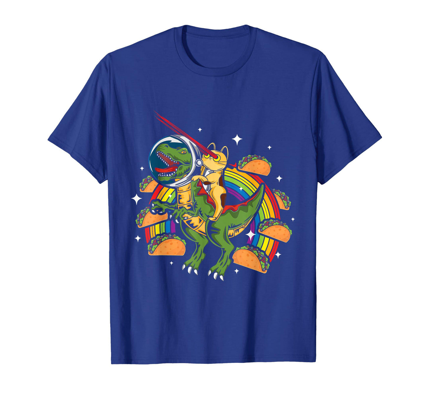 Crazy T-Rex Riding Cat Laser Eye Taco Rainbow Space Dinosaur T-Shirt for Men Women Girls Kids