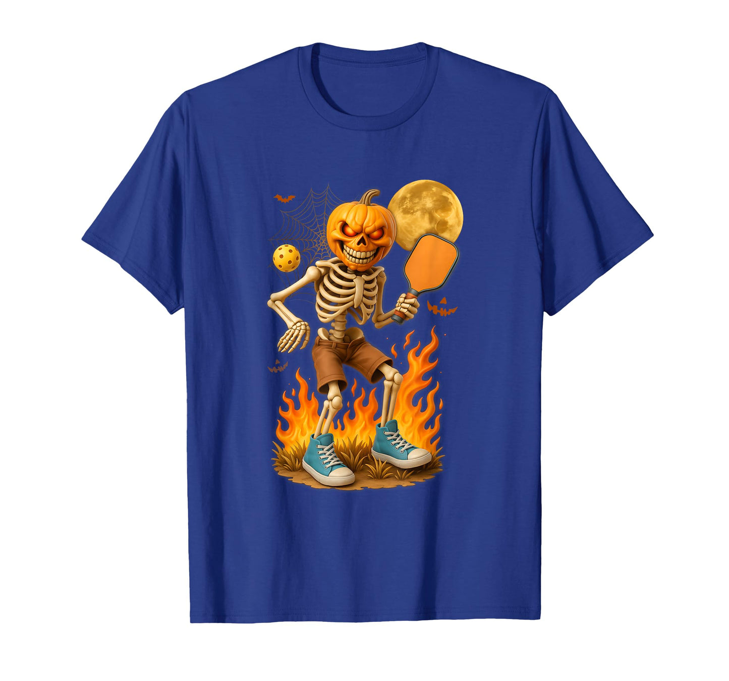 Pumpkin Head Skeleton Playing Pickleball Sports Halloween T-Shirt