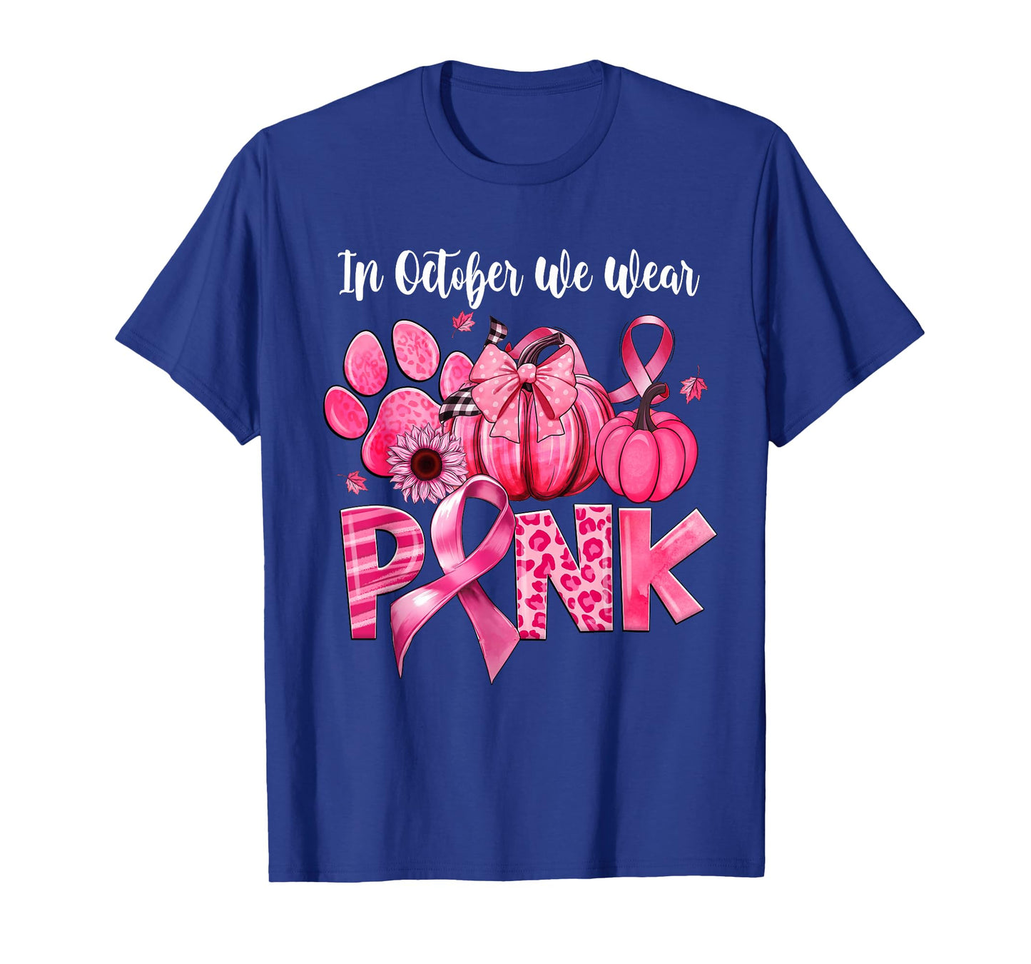 In October We Wear Pink Dog Paw Pumpkin Breast Cancer T-Shirt
