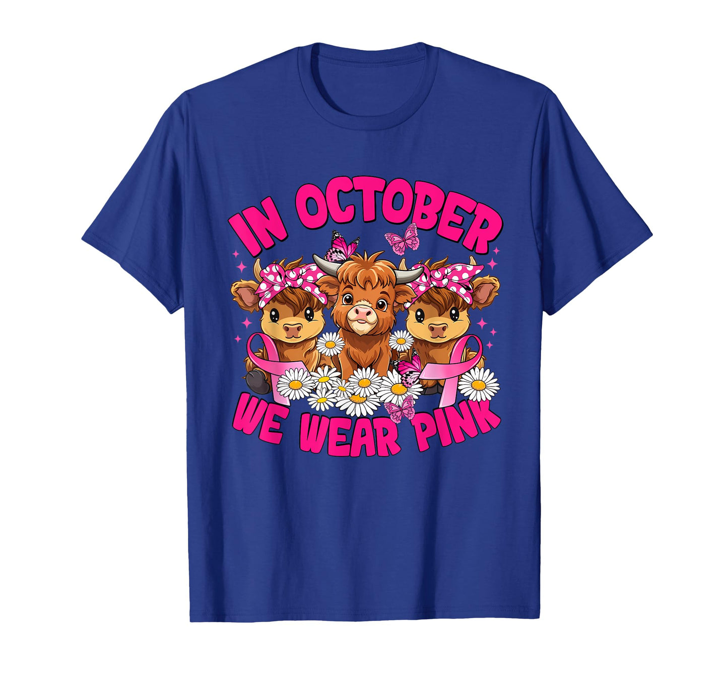 in October We Wear Pink Breast Cancer Highland Cow T-Shirt
