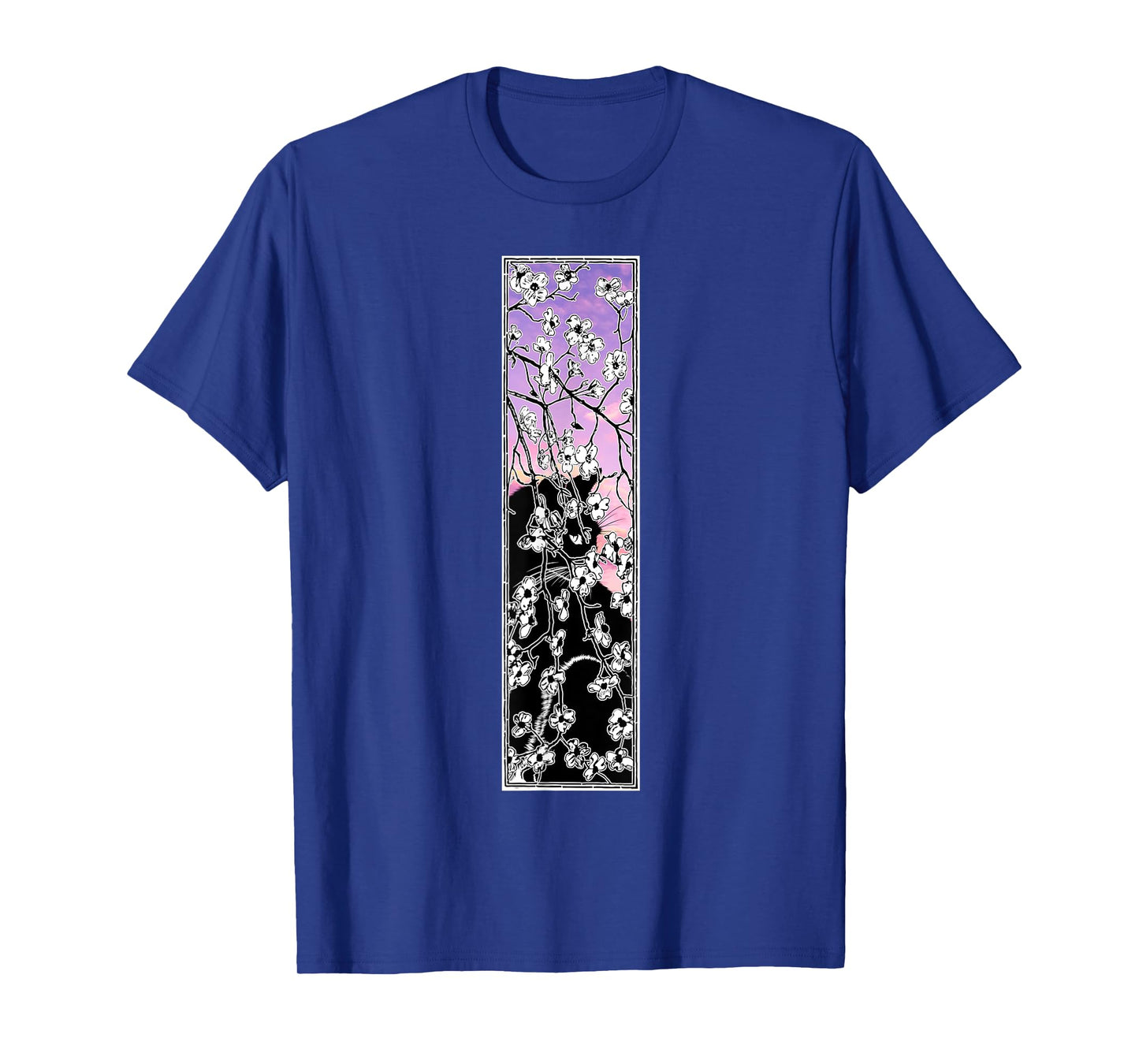 Cherry Blossom flowers pattern Cat Black Pink Sky Sunset T-Shirt