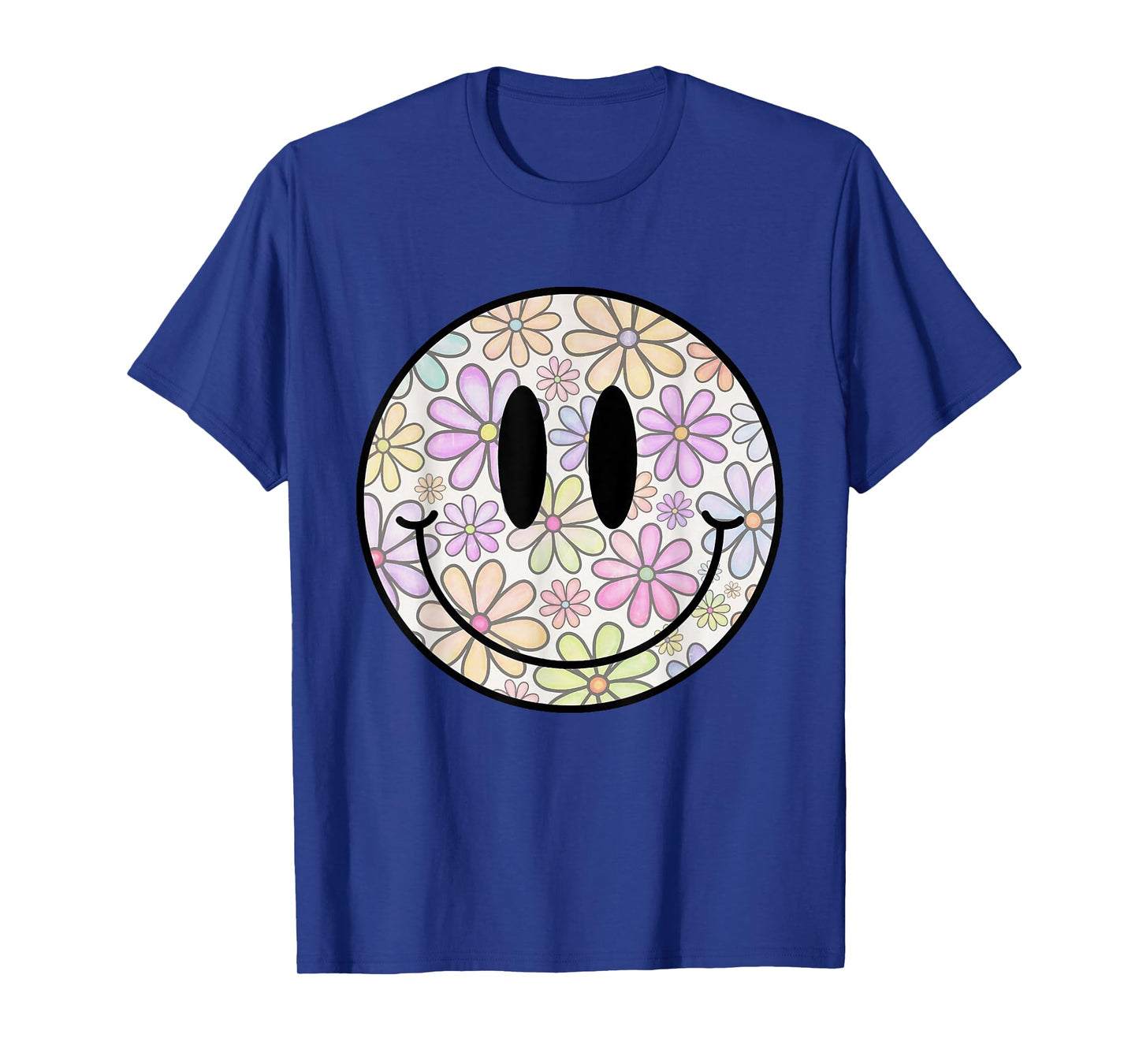 Retro Flower Happy Face Checkered Pattern Smile Face Trendy T-Shirt