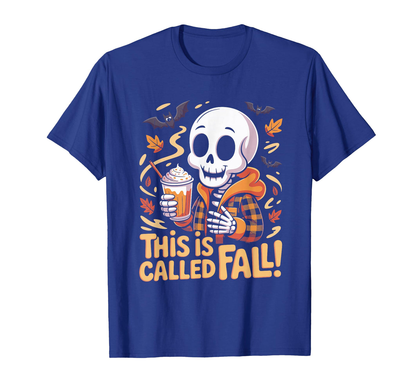 Halloween Skeleton Holding Latte - Bats and Leaves T-Shirt