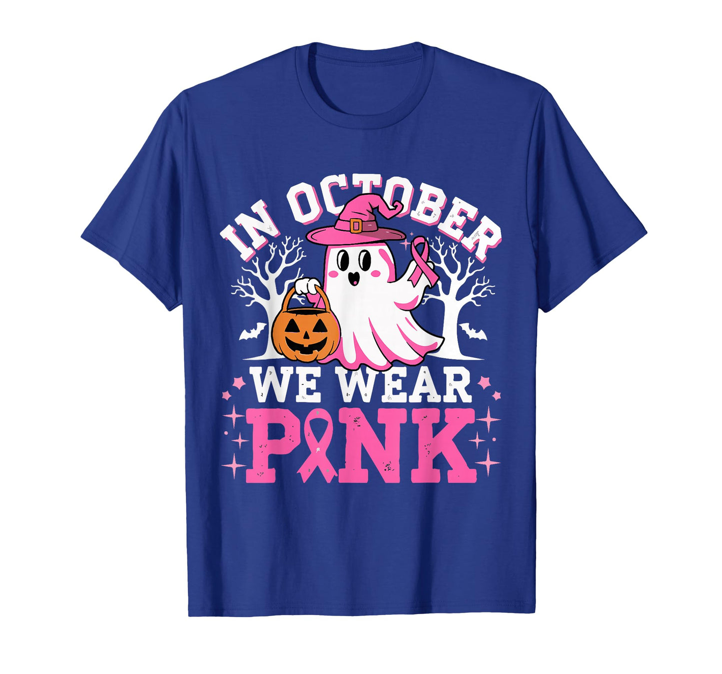 In October We Wear Pink Witch Ghost Halloween Breast Cancer T-Shirt