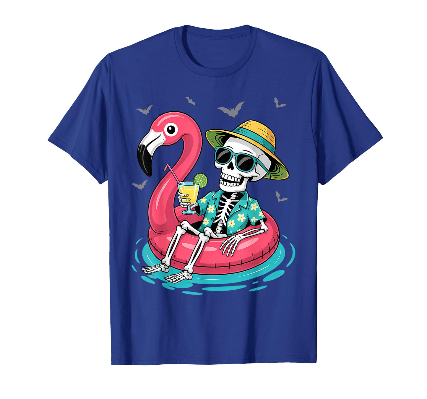 Skeleton Relaxing On Flamingo Float Beach Vibes Halloween T-Shirt