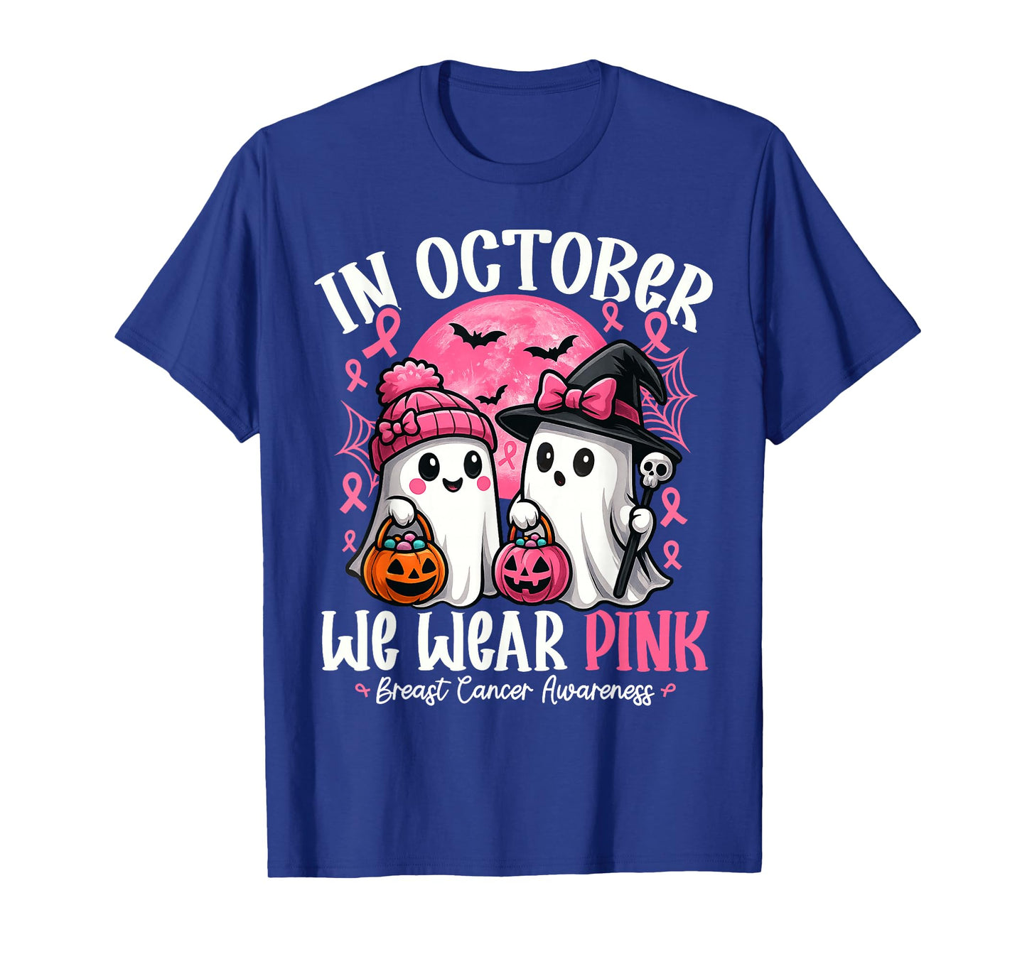 in October We Wear Pink Ghost Witch Breast Cancer Awareness T-Shirt
