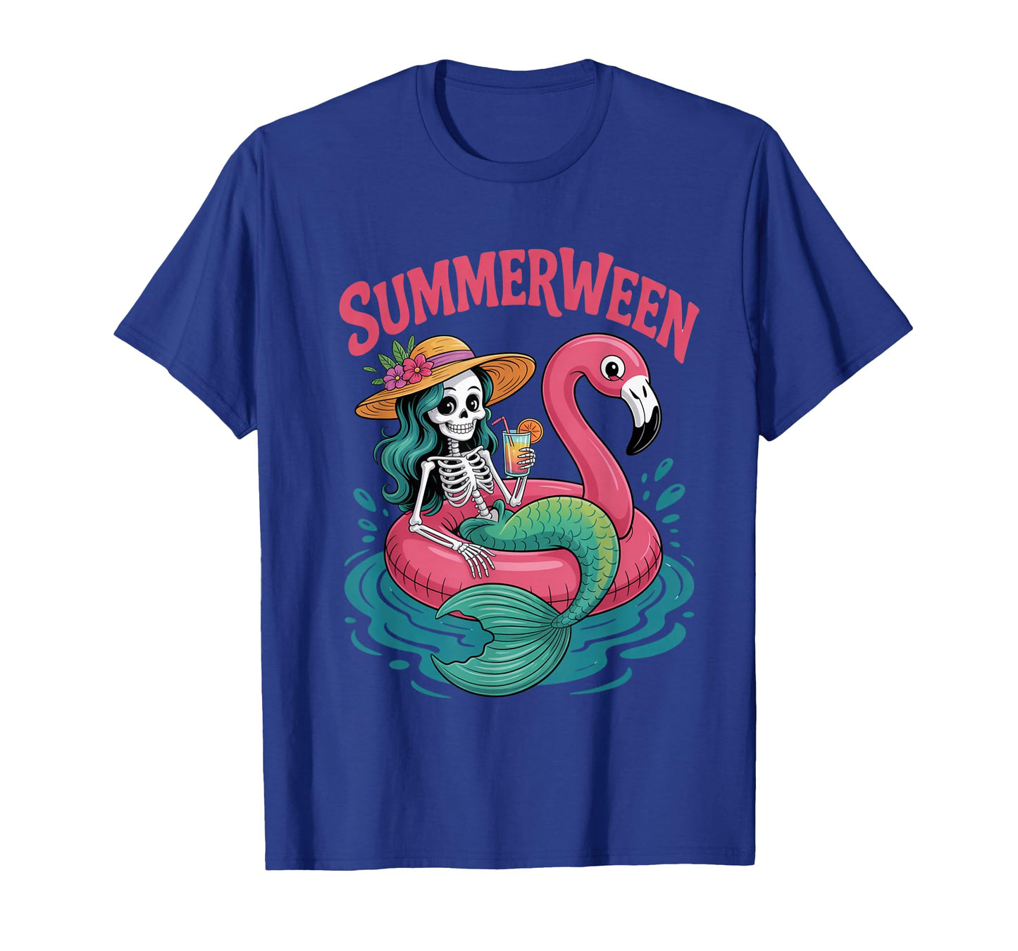 Summerween Outfit – Skeleton Mermaid with Flamingo Float T-Shirt
