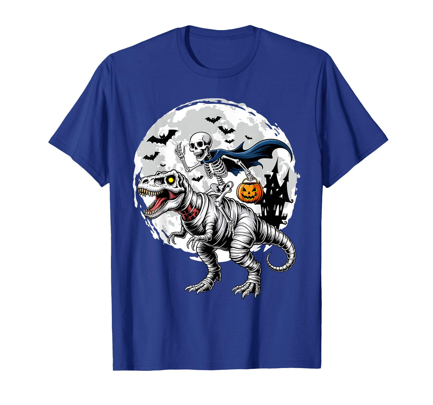 Skeleton Riding Mummy Dinosaur T Rex Pumpkin Funny Halloween T-Shirt