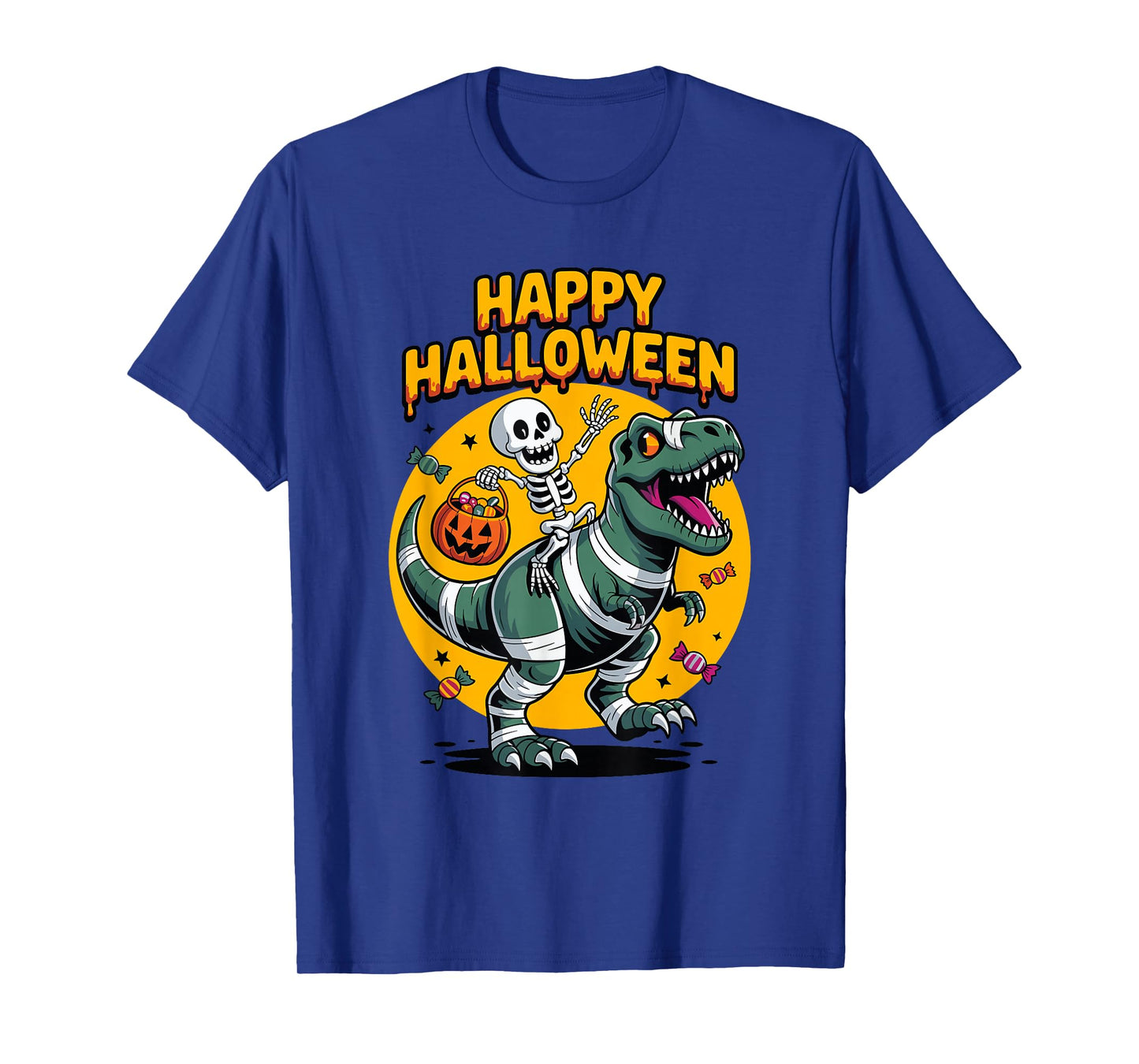 Skeleton Riding Mummy Dinosaur Funny Halloween Scene T-Shirt