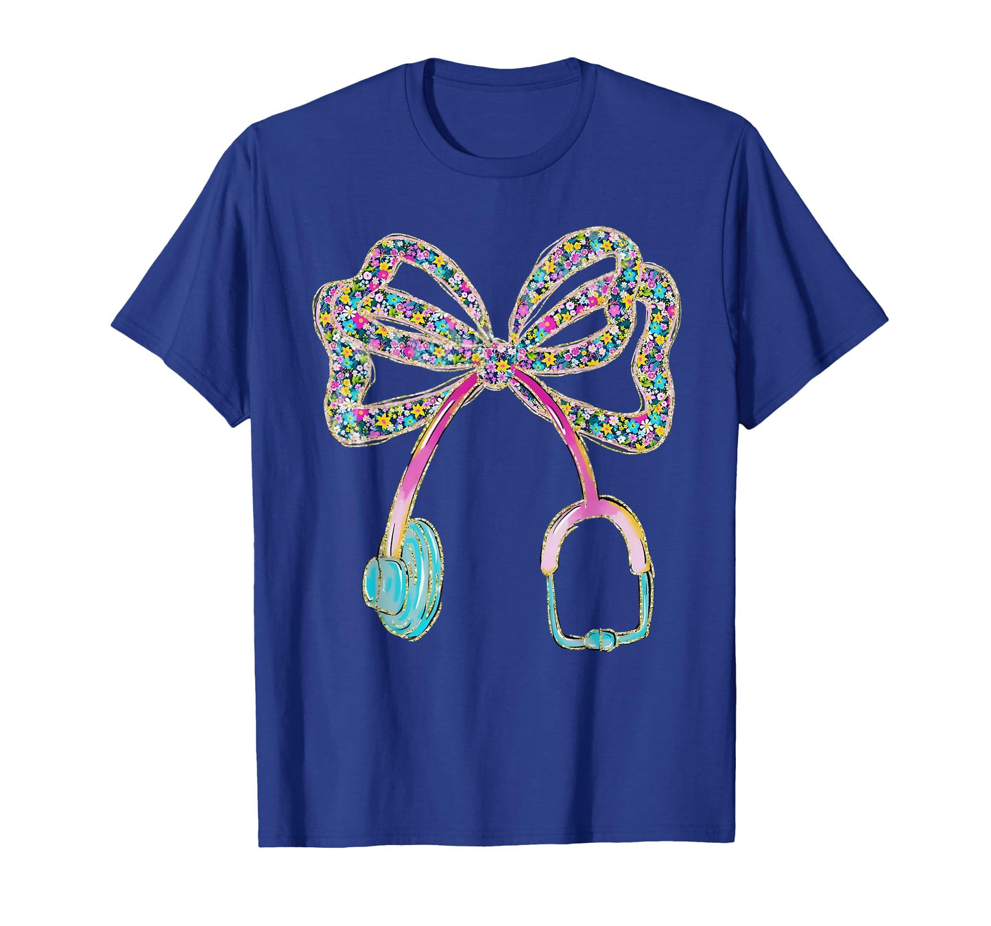 Floral Blue Coquette Bow Nurse Stethoscope Nursing Doctor T-Shirt