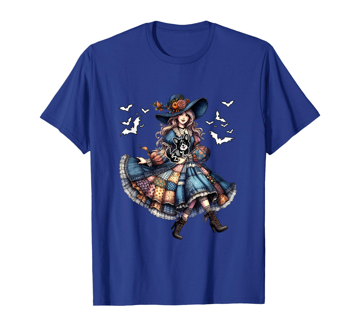 Floral Witch Hugging Corgi Cosplay Skeleton Halloween T-Shirt