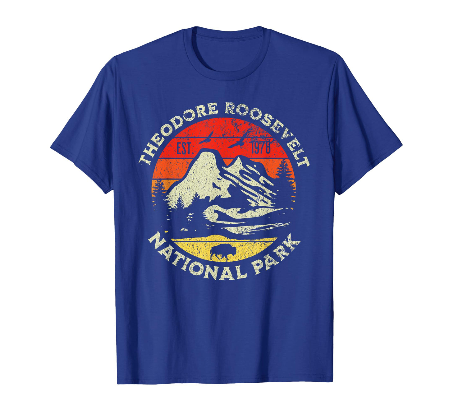 Theodore Roosevelt National Park T-Shirt - Blue, Unisex-Adults, Kids - Crew Neck, Short Sleeve - Retro Nature Design - Hiking, Camping, Outdoor - All Seasons