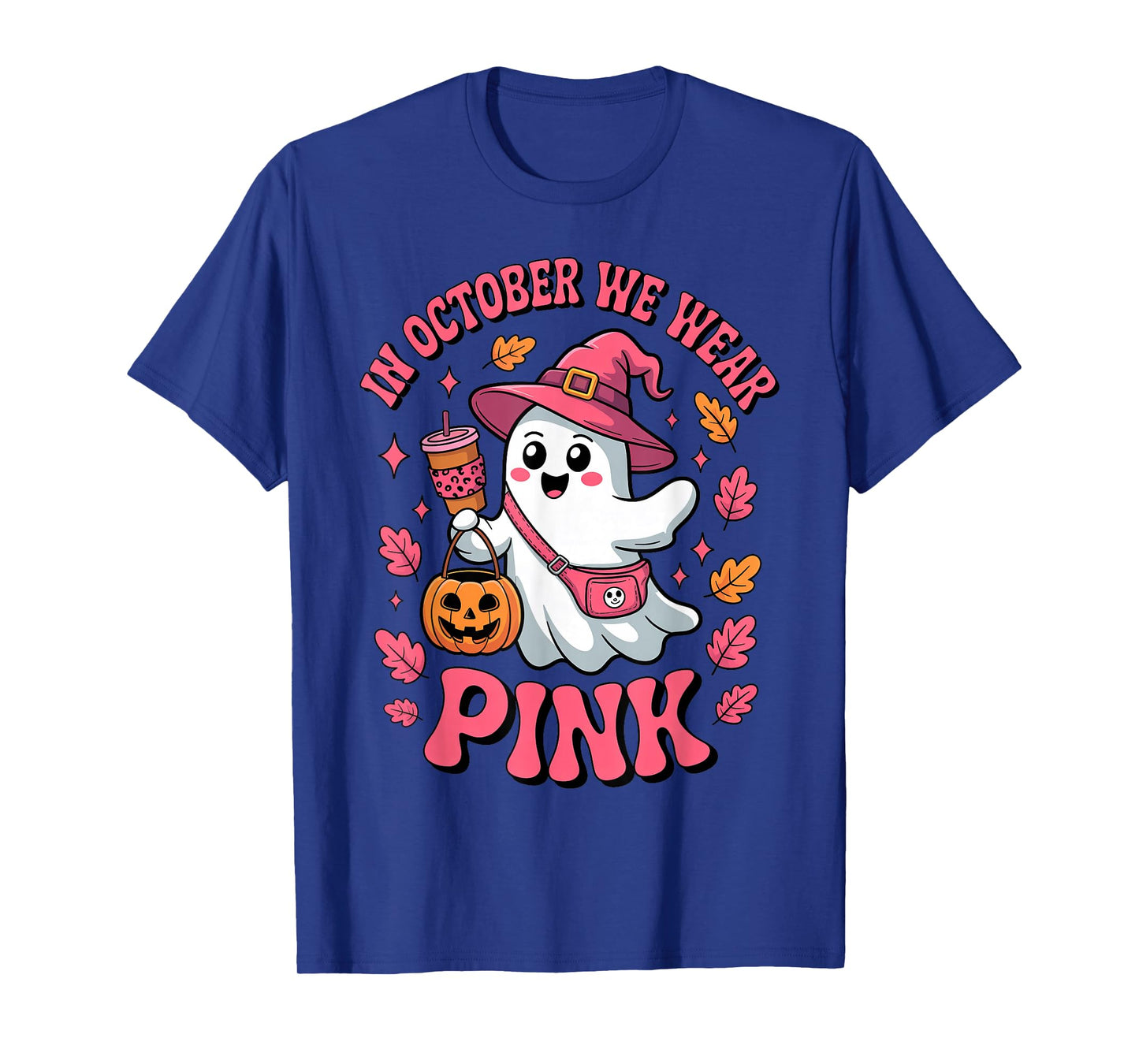 in October We Wear Pink Cute Ghost Halloween Drinking Coffee T-Shirt