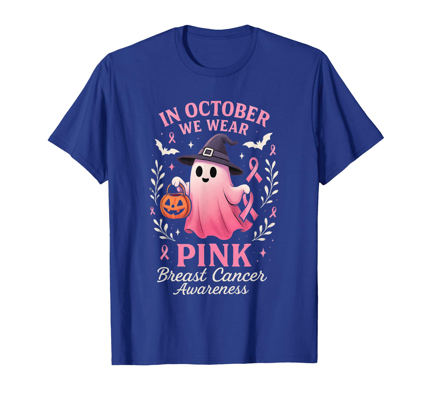 in October We Wear Pink Ghost Breast Cancer Support Womens T-Shirt