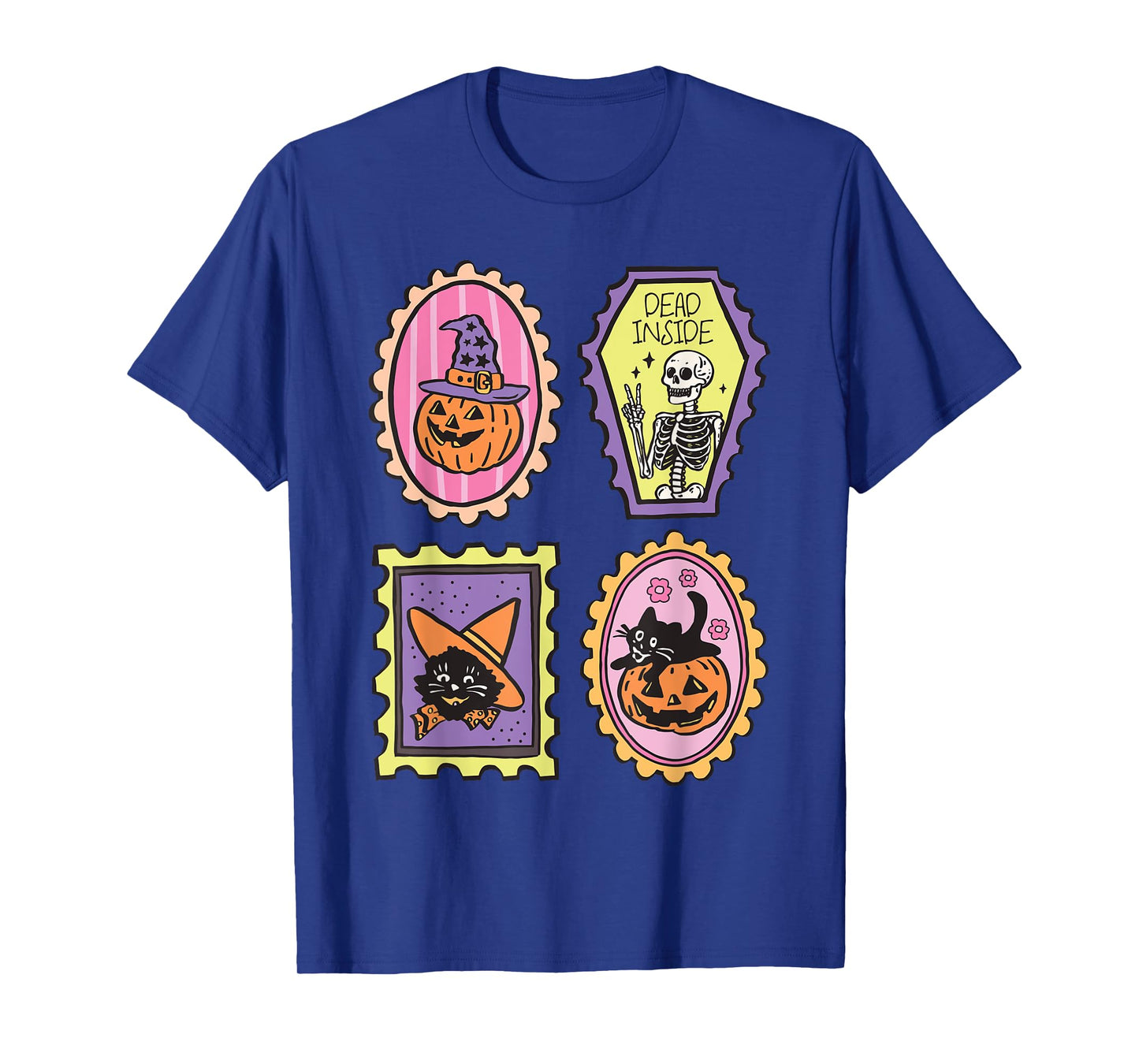 Vintage Halloween Retro Skeleton Pumpkin Black Cat Stamp T-Shirt