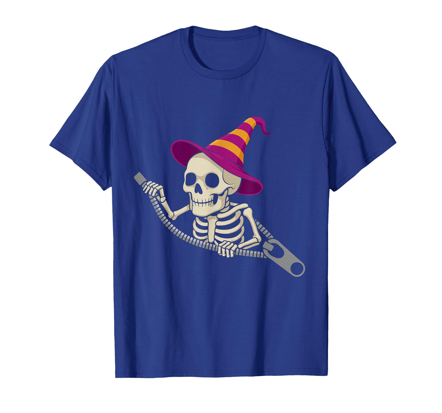 Skeleton in a Witch Hat Emerging from a Zipper for Halloween T-Shirt
