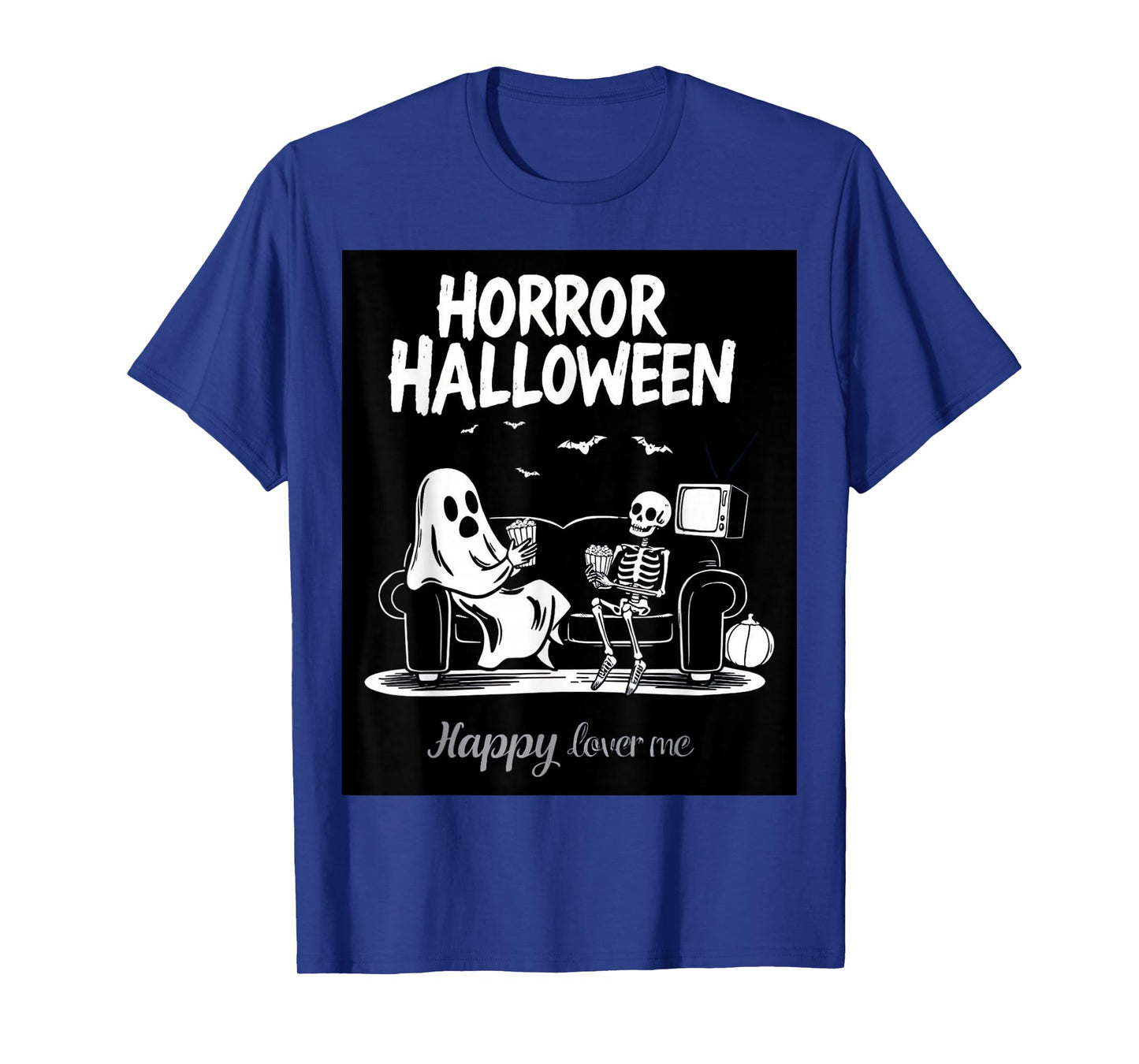 Funny Ghost and Skeleton Watching TV with Popcorn Halloween T-Shirt