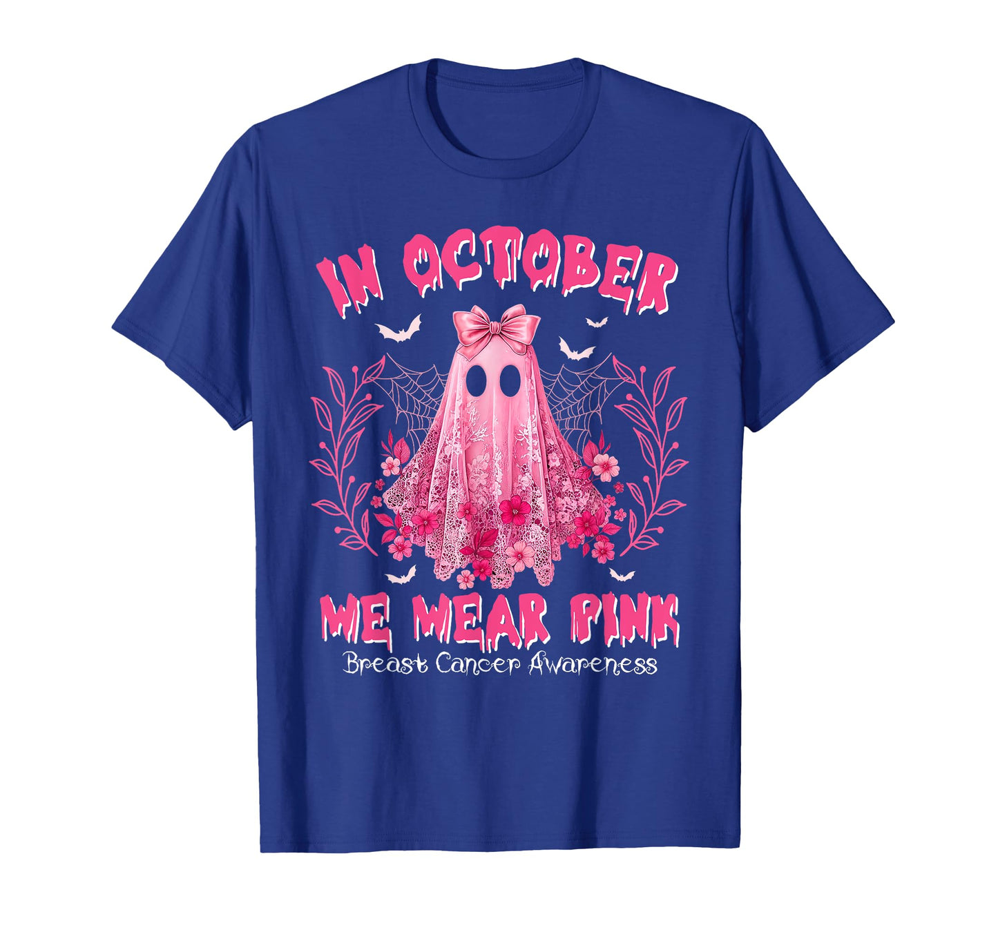 in October We Wear Pink Ghost Witch Breast Cancer Awareness T-Shirt