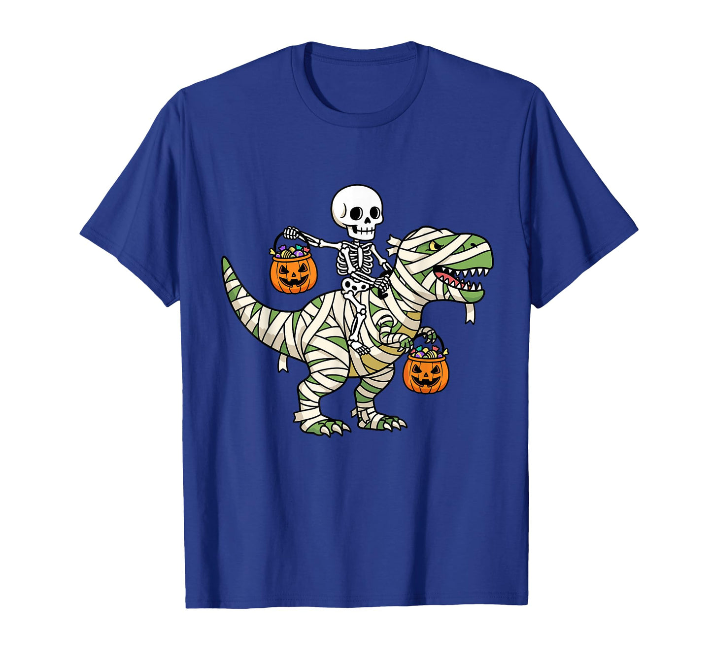 Skeleton Riding Mummy Dinosaur T-Rex Funny Halloween Pumpkin T-Shirt